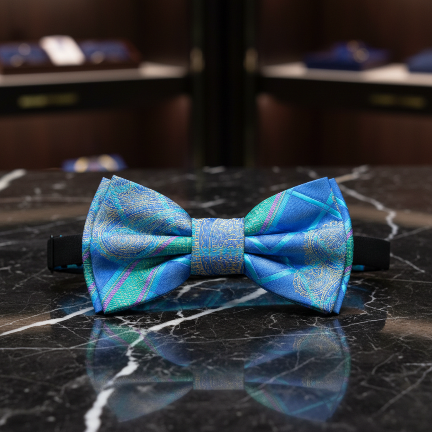 A Bold Olympic Blue, Aqua, Green Slate, Light Gold Abstract and Paisley Pattern Self Tie Bow Tie Pre Tied