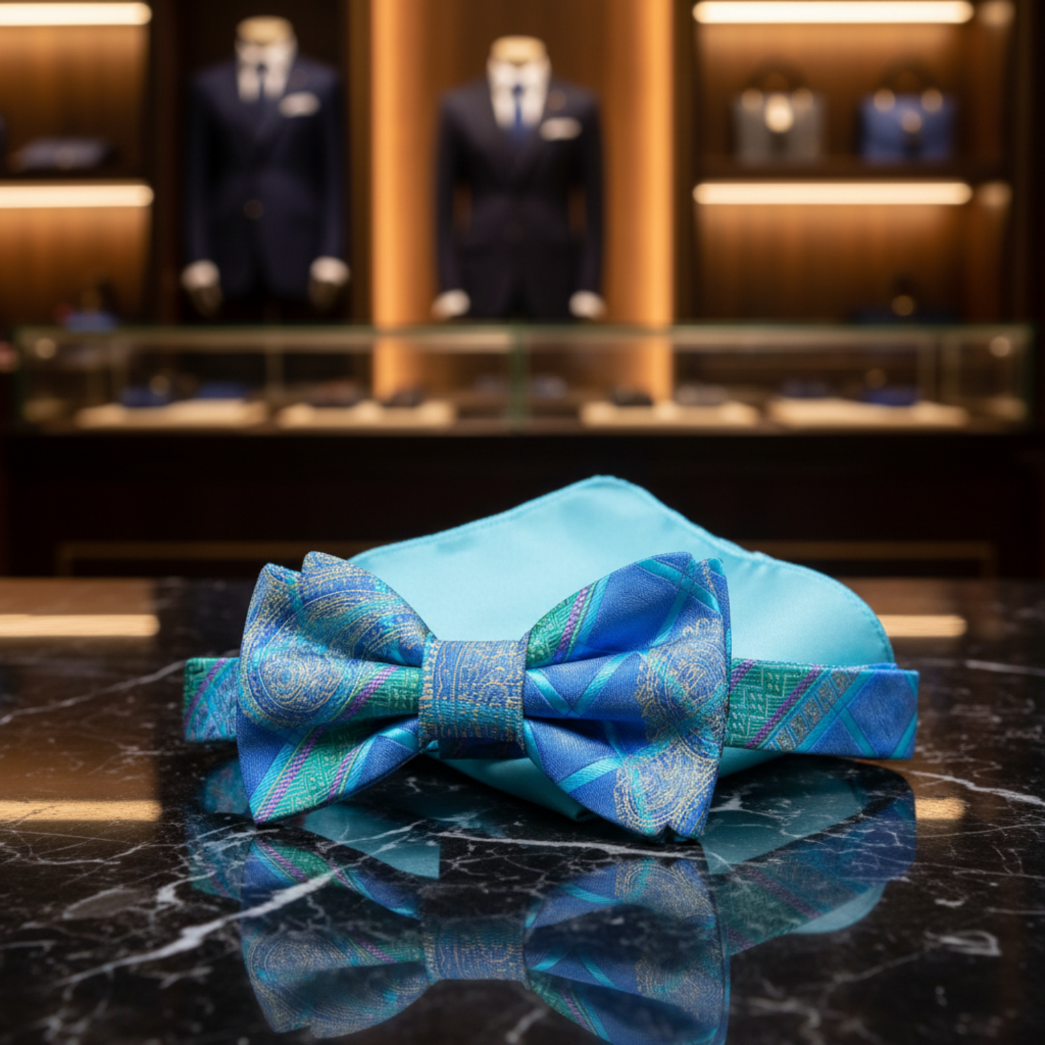 A Bold Olympic Blue, Aqua, Green Slate, Light Gold Abstract and Paisley Pattern Self Tie Bow Tie, Accenting Pocket Square
