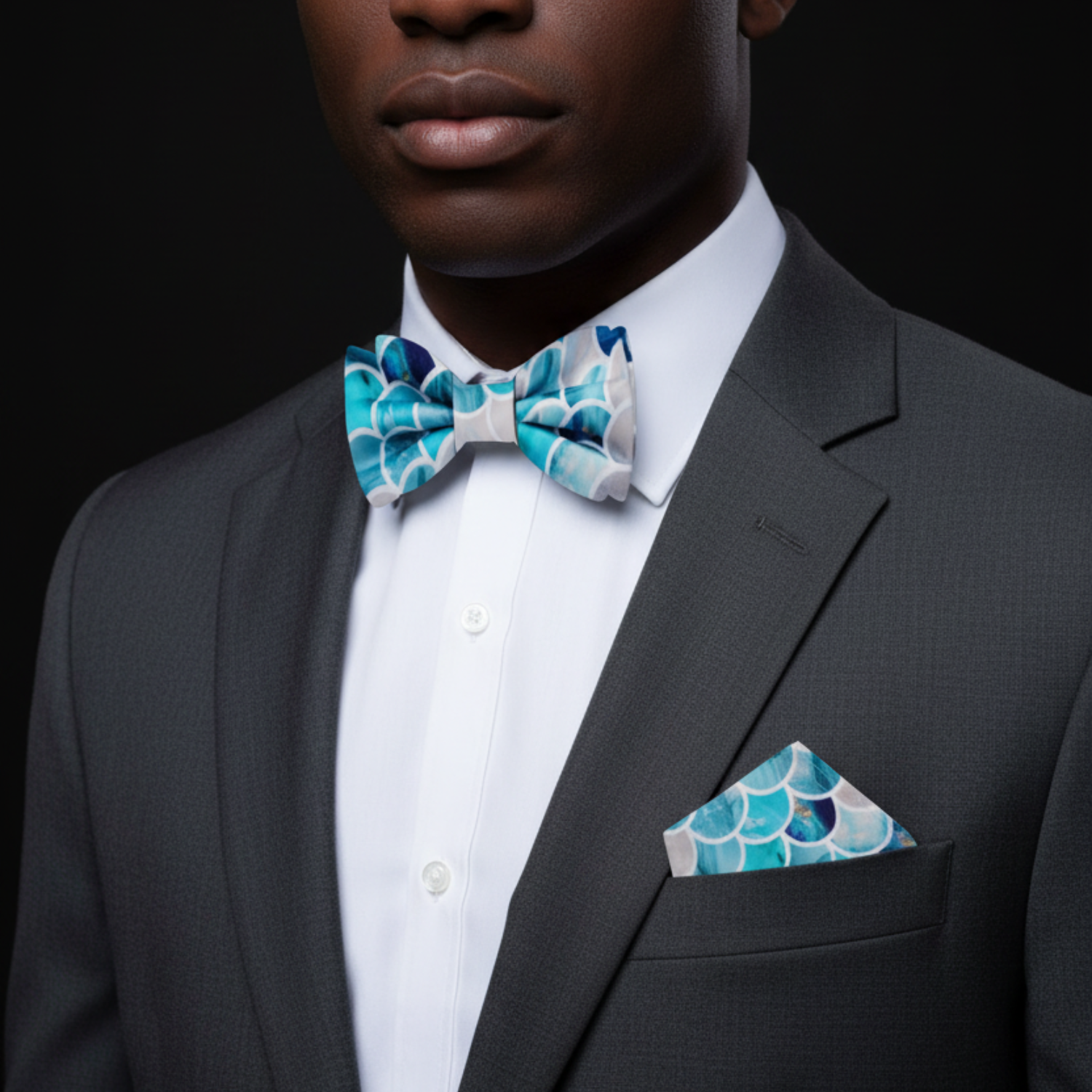 Man wearing a gray suit with a blue patterned bow tie and pocket square on a black background