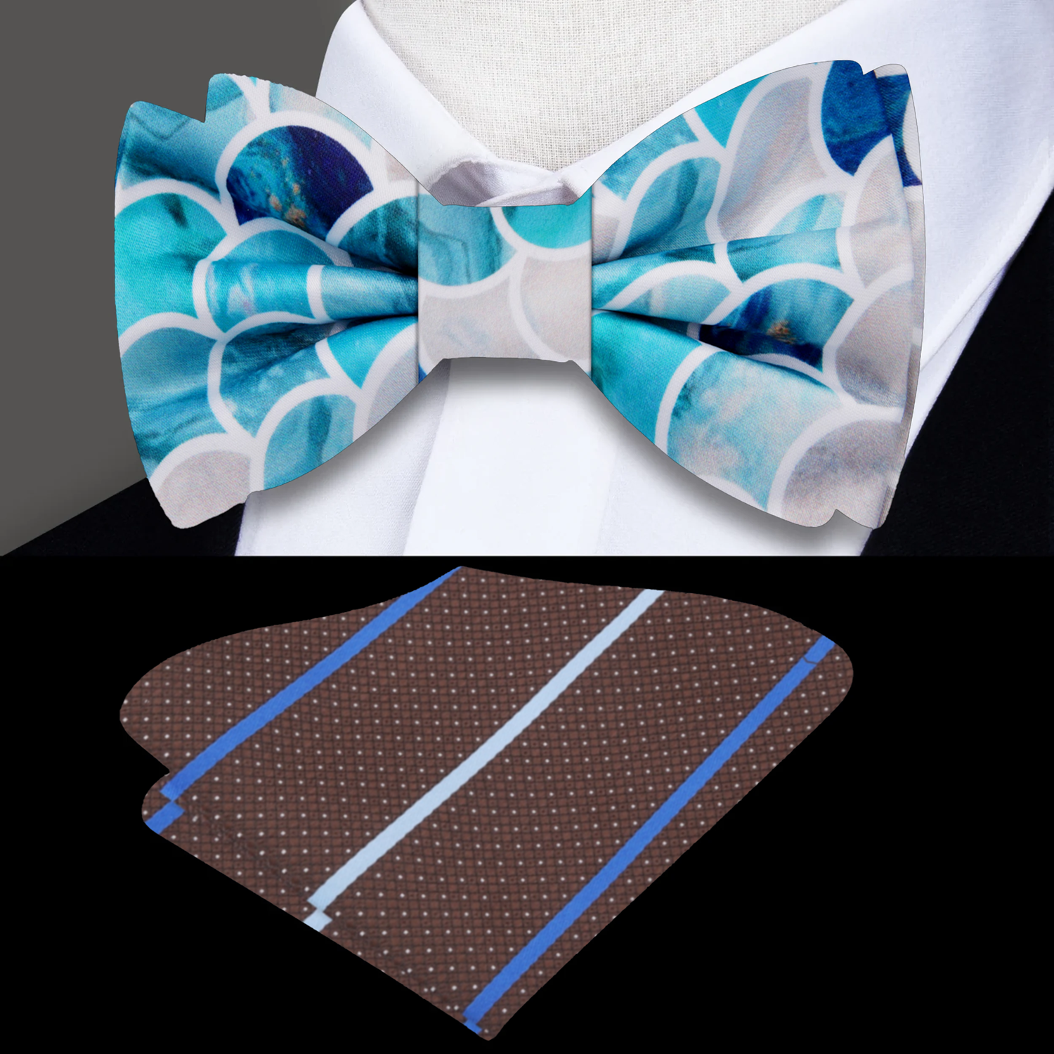 Blue and white patterned bow tie and brown pocket square with blue stripes on a mannequin.