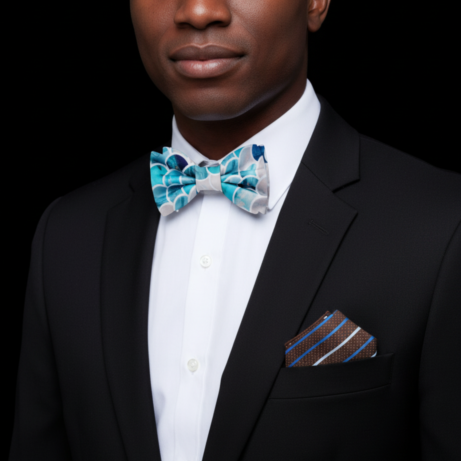 Man wearing a black suit with a blue patterned bow tie and matching pocket square on a black background