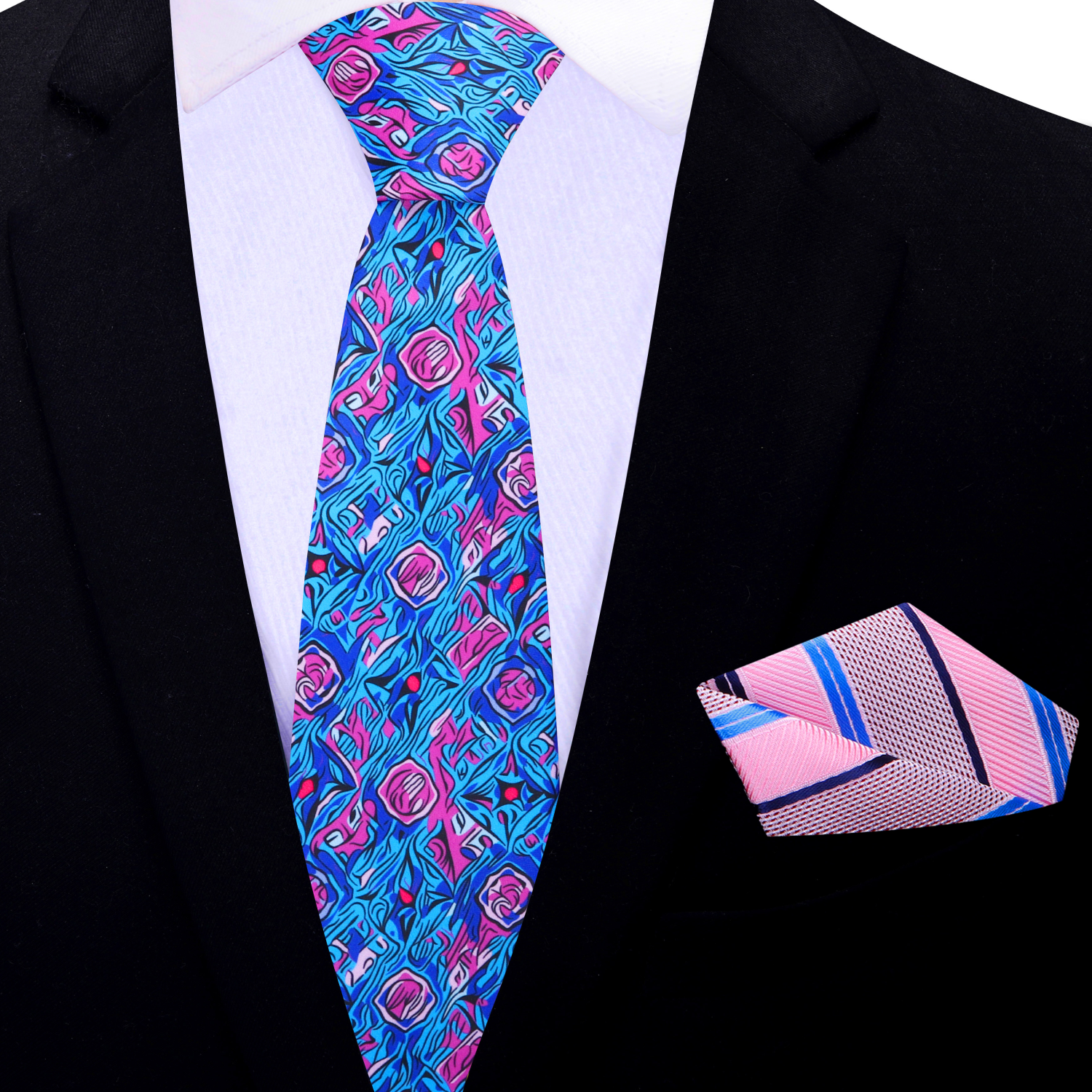 Thin Shades of Blue, Pink Abstract Tie and Accenting Pink Stripe Square
