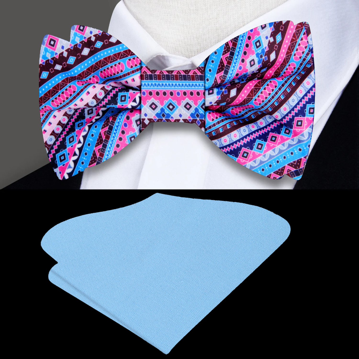 Shades of Blue and Pink Panoramic Bow Tie and Blue Square