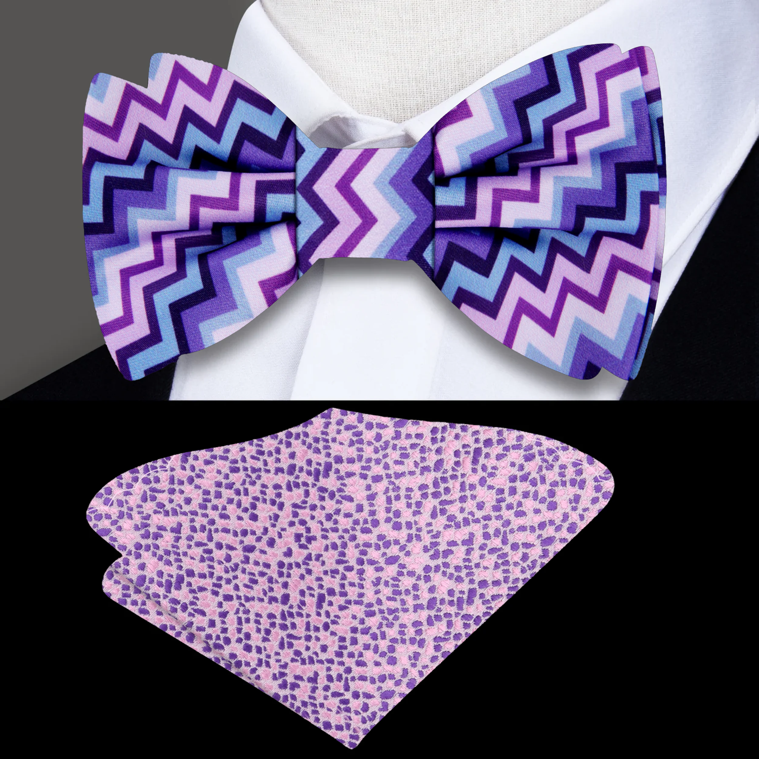 Purple, Pink and Blue Geometric Lines Bow tie and Accenting Square