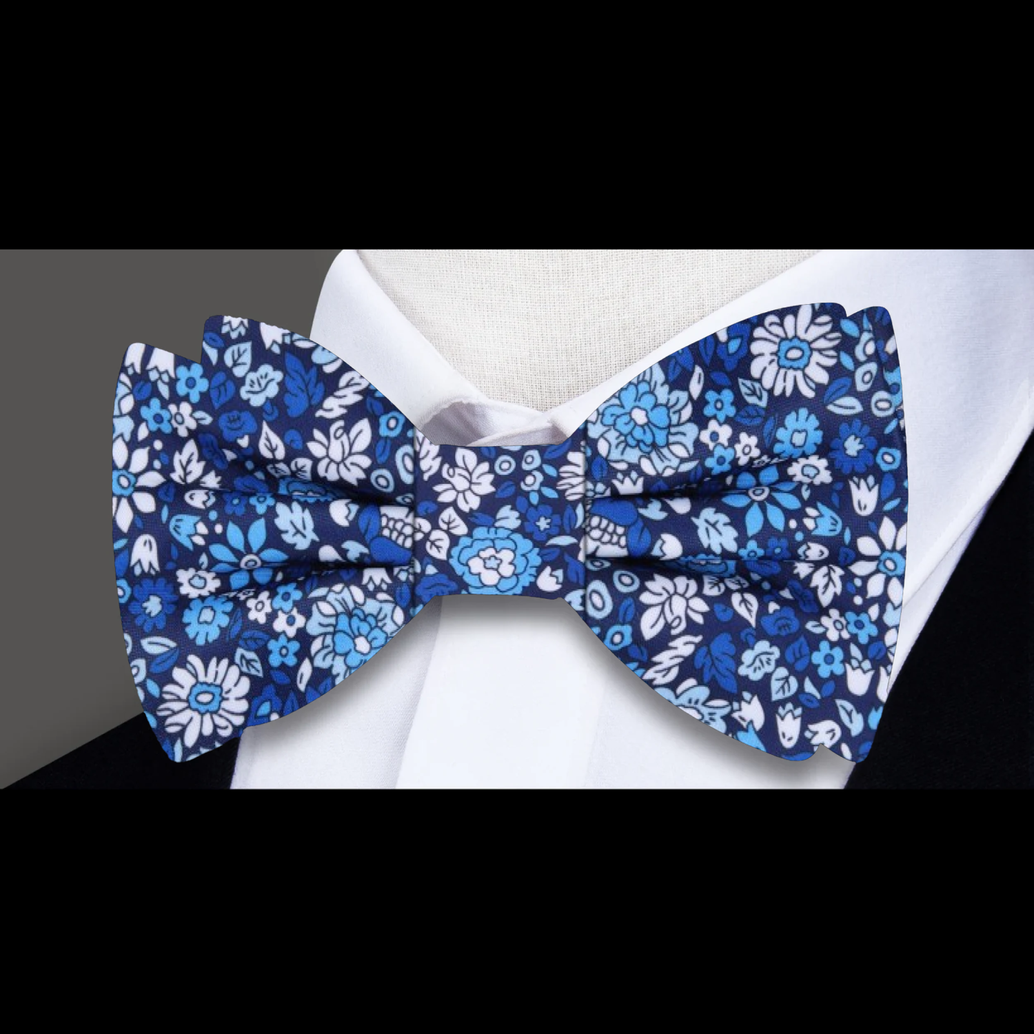 Blue, White Floral Bow Tie Self Tie