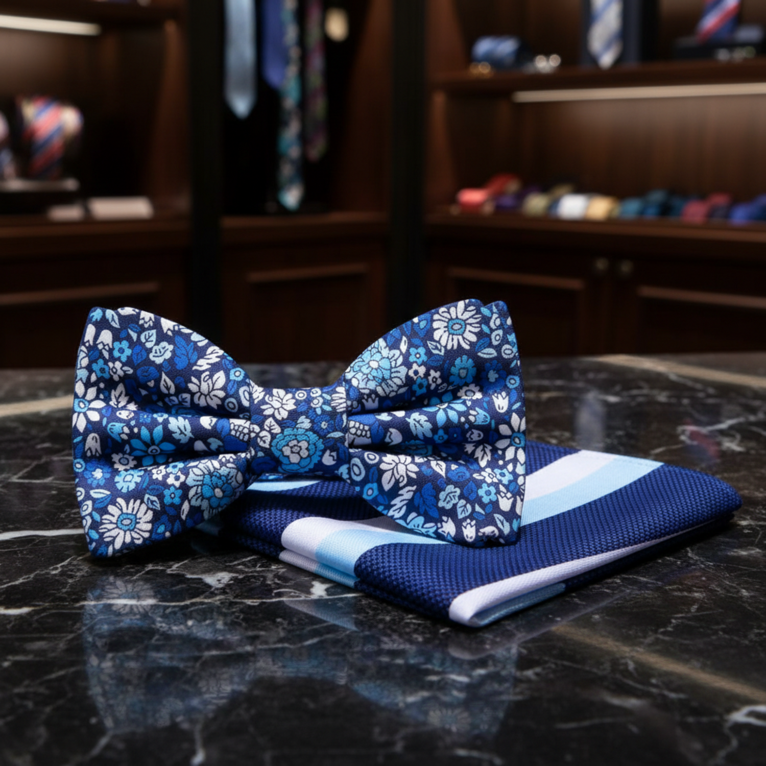 Blue, White Floral Bow Tie with Blue, White Block Stripe Square