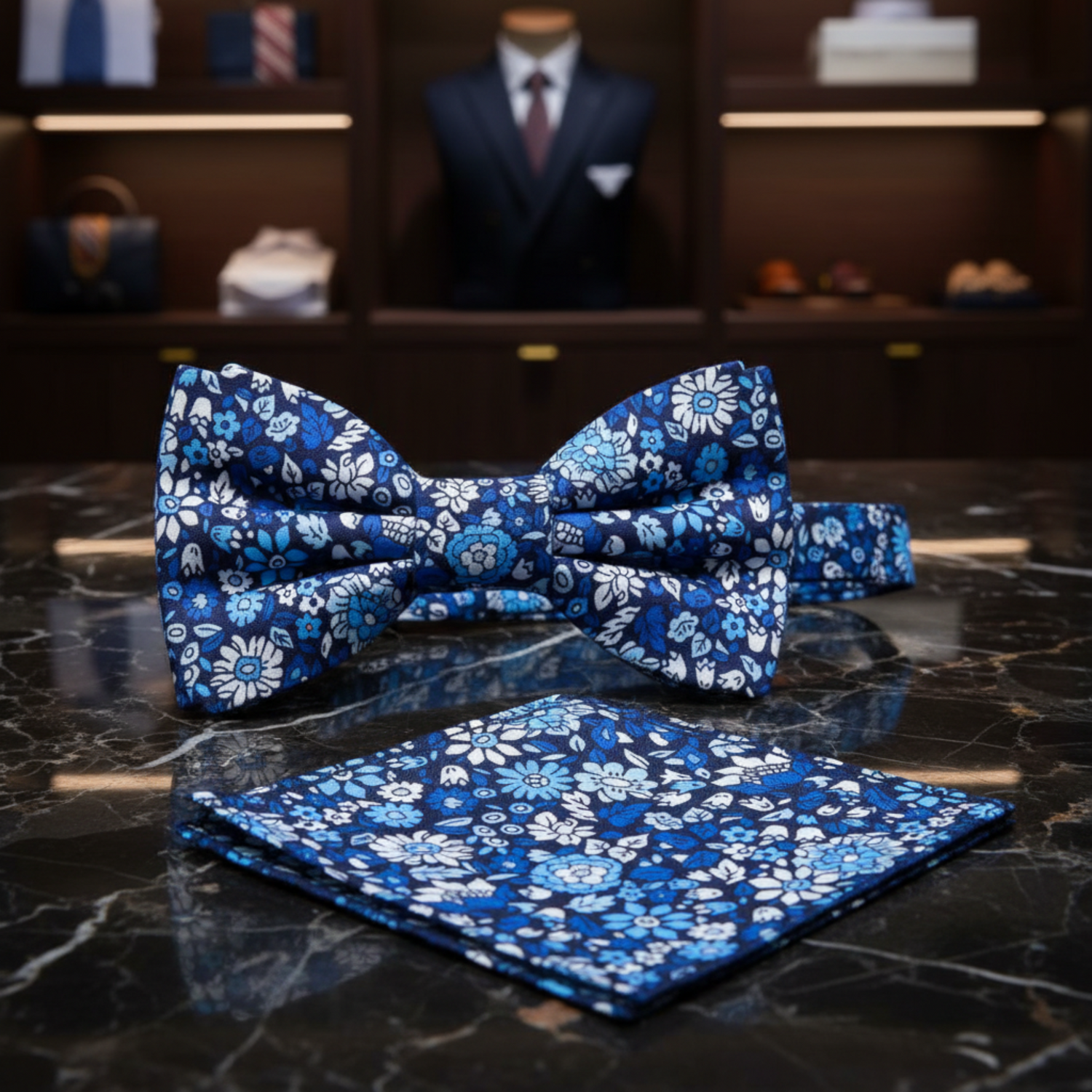 Blue, White Floral Bow Tie with   Square