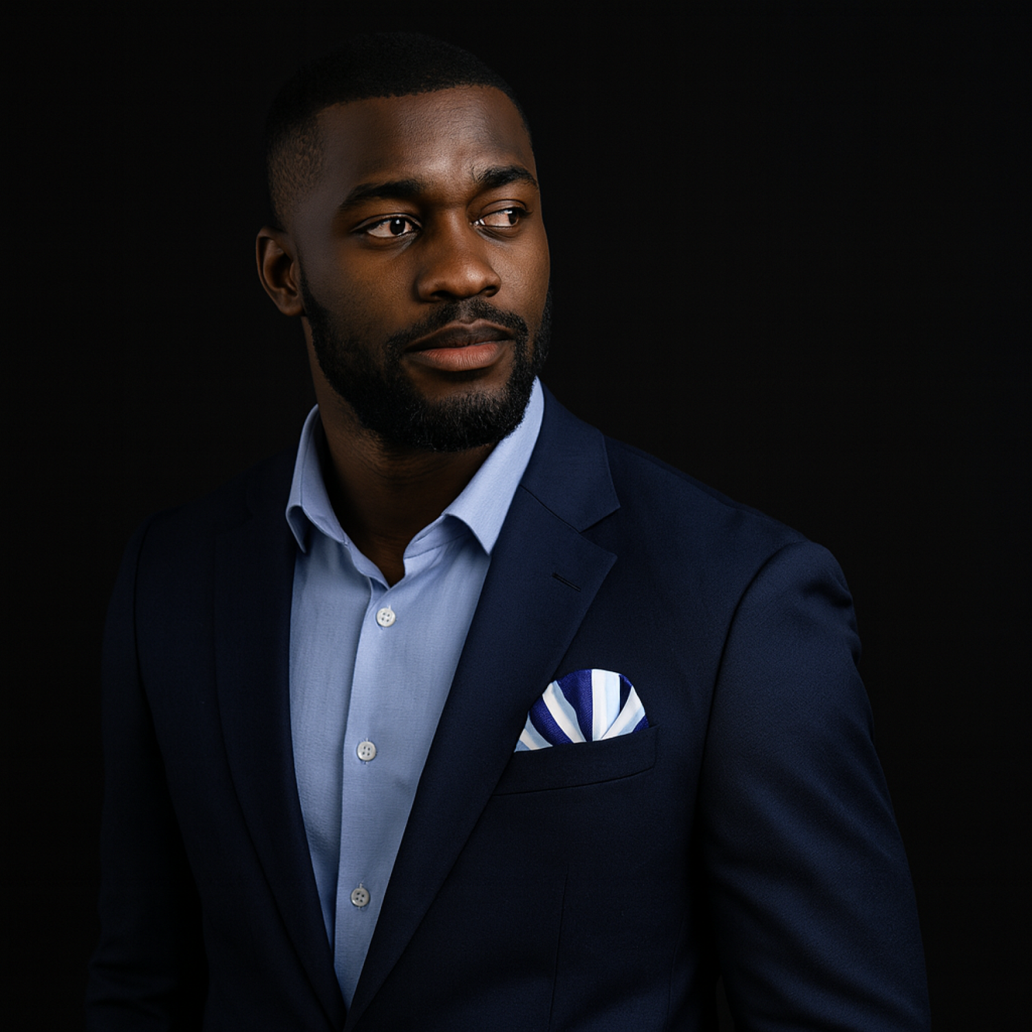 Man wearing a navy suit with a blue shirt and striped pocket square on a black background