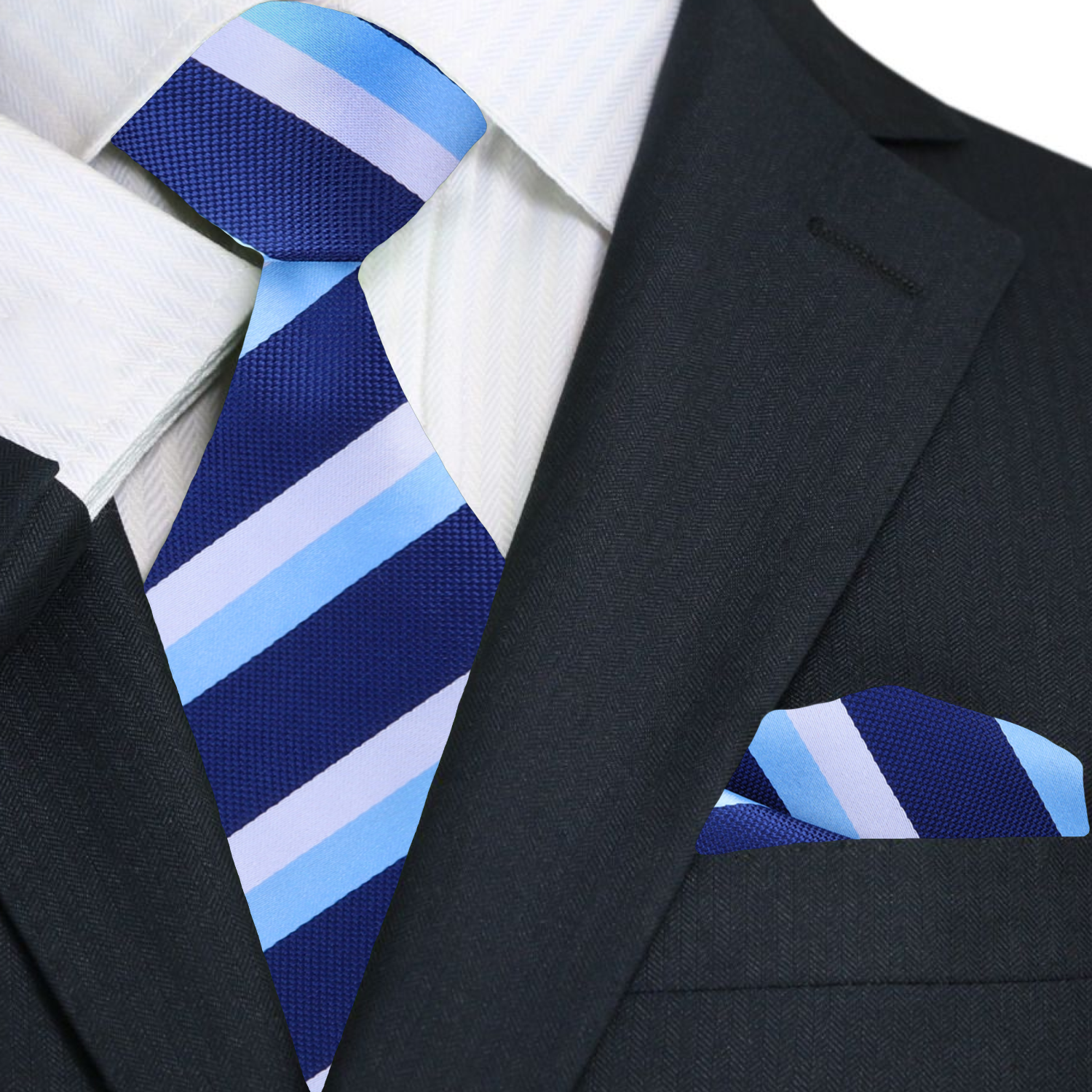 main Blue, Light Blue, White Block Stipe Tie and Pocket Square