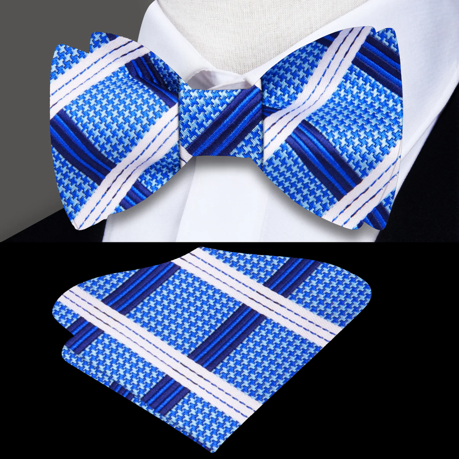 A Blue, Dark Blue, White Plaid Pattern Silk Self Tie Bow Tie, Matching Pocket Square