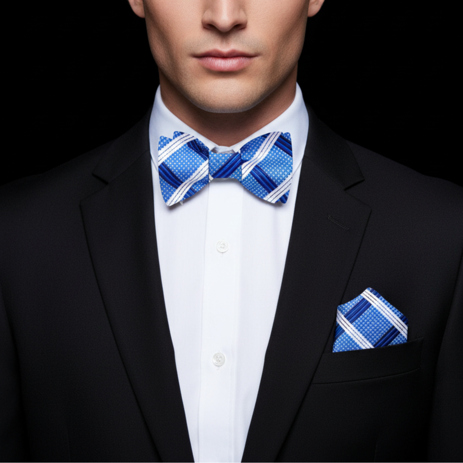 Man wearing a black suit with a blue patterned bow tie and pocket square on a black background