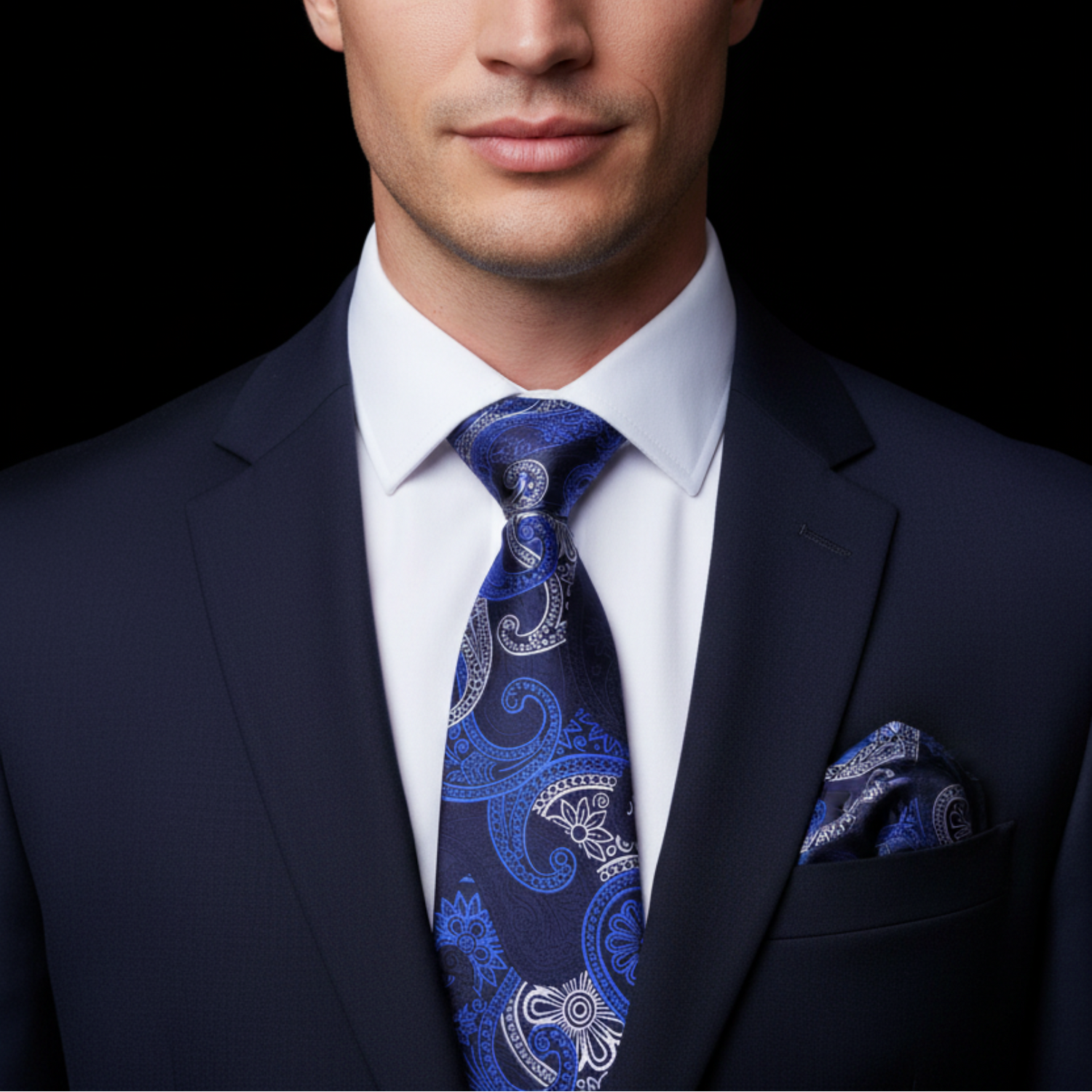 Man wearing a navy suit with a blue paisley tie and pocket square on a black background