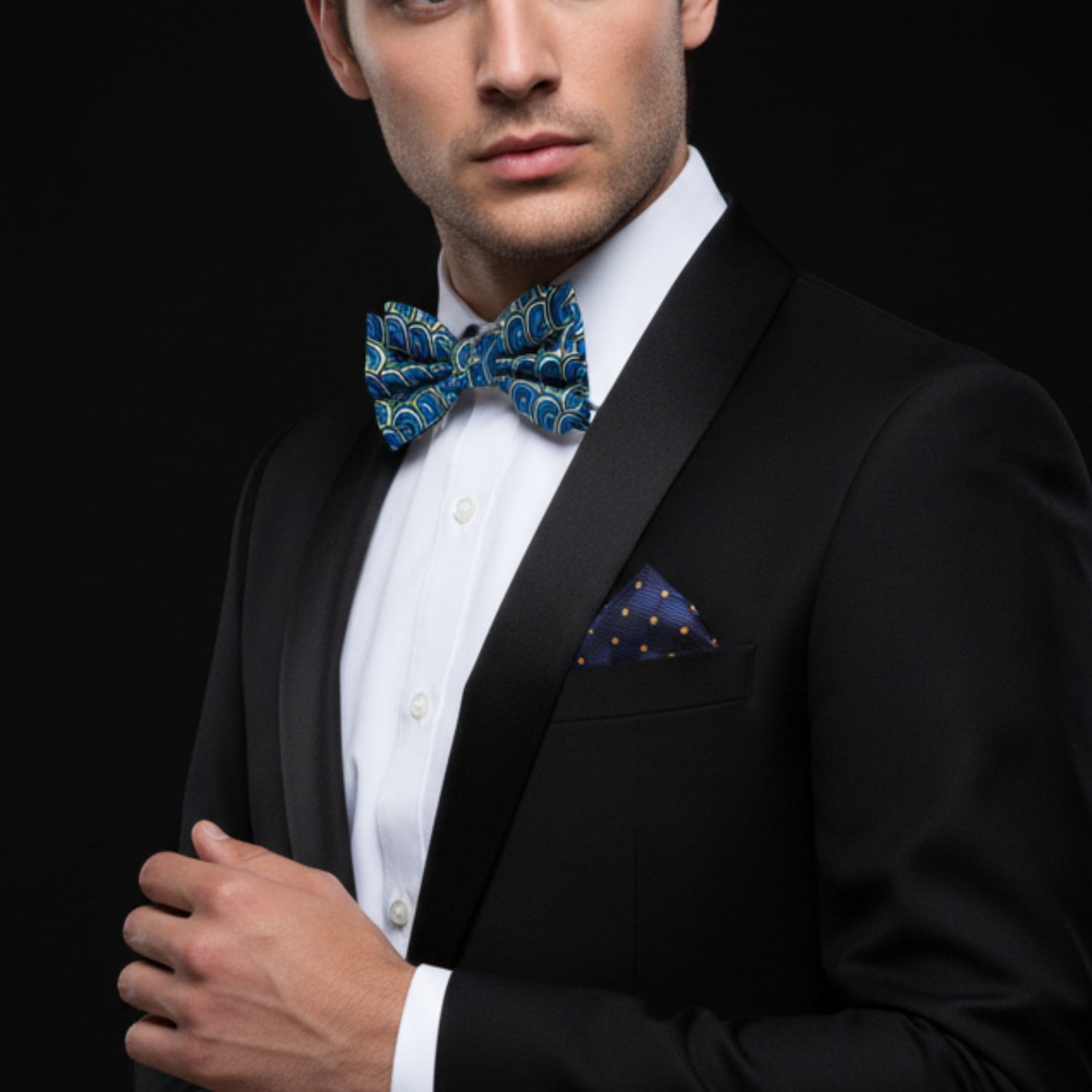 Blue and Green Half Circle Bow Tie and Accenting Square on Man