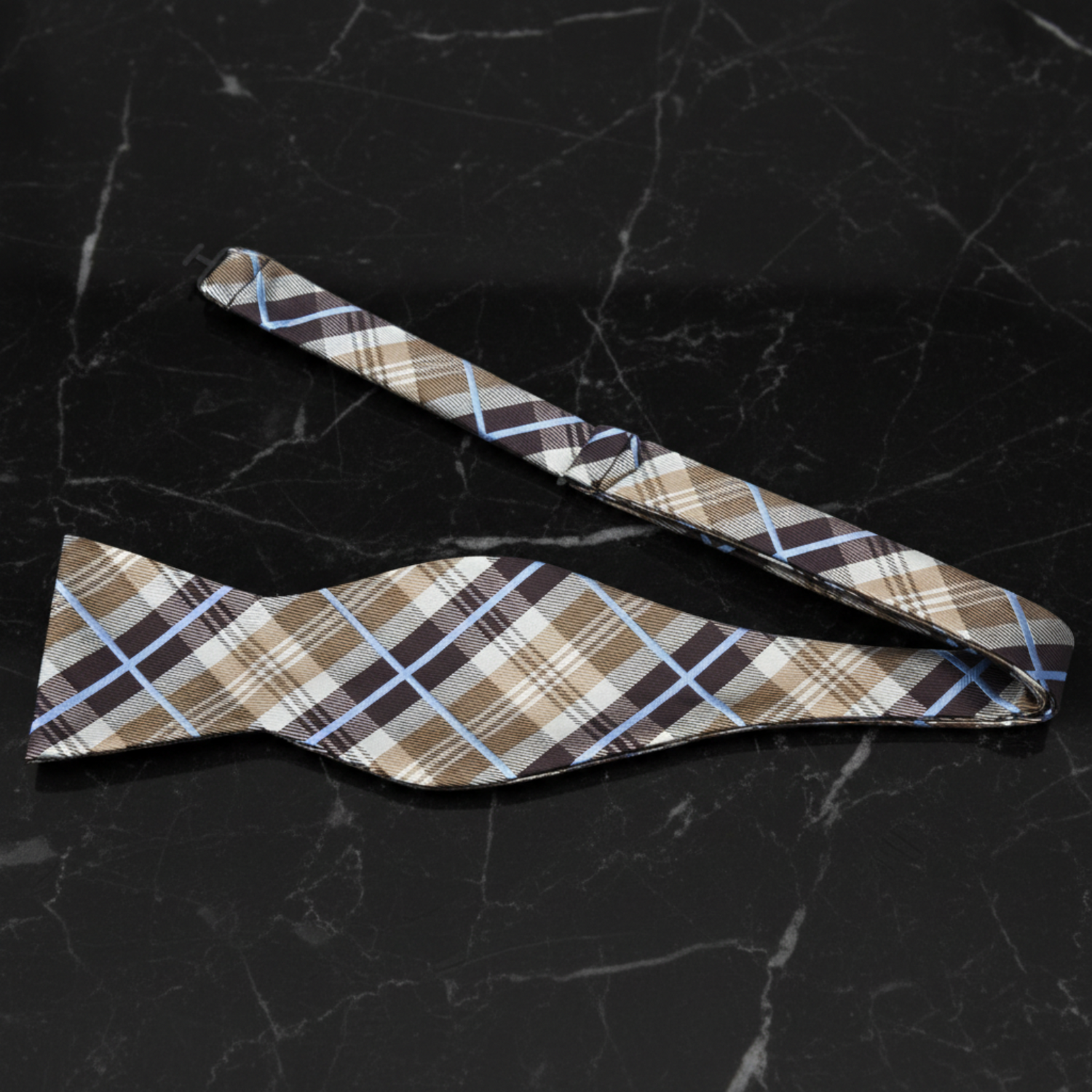 A Cream, Brown Plaid Pattern Silk Self Tie Bow Tie Self Tie