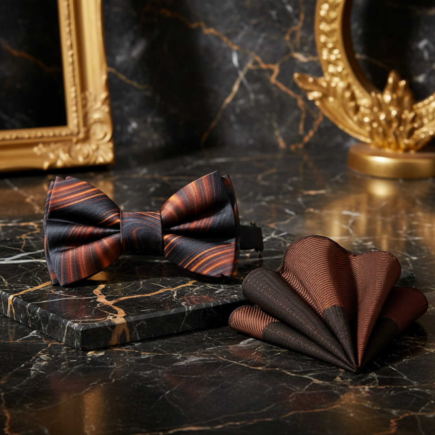A Rich Caramel Swirl Pattern Bow Tie, Accenting Shades of Brown Pocket Square
