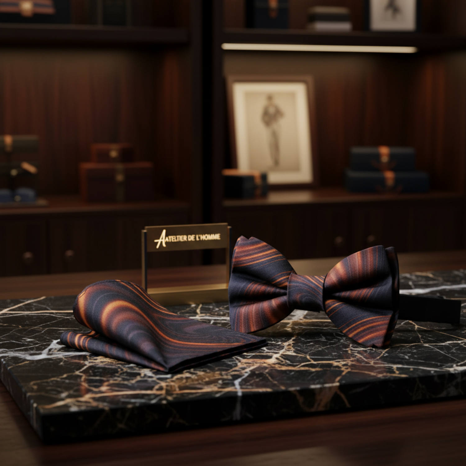 A Rich Caramel Swirl Pattern Bow Tie, Pocket Square
