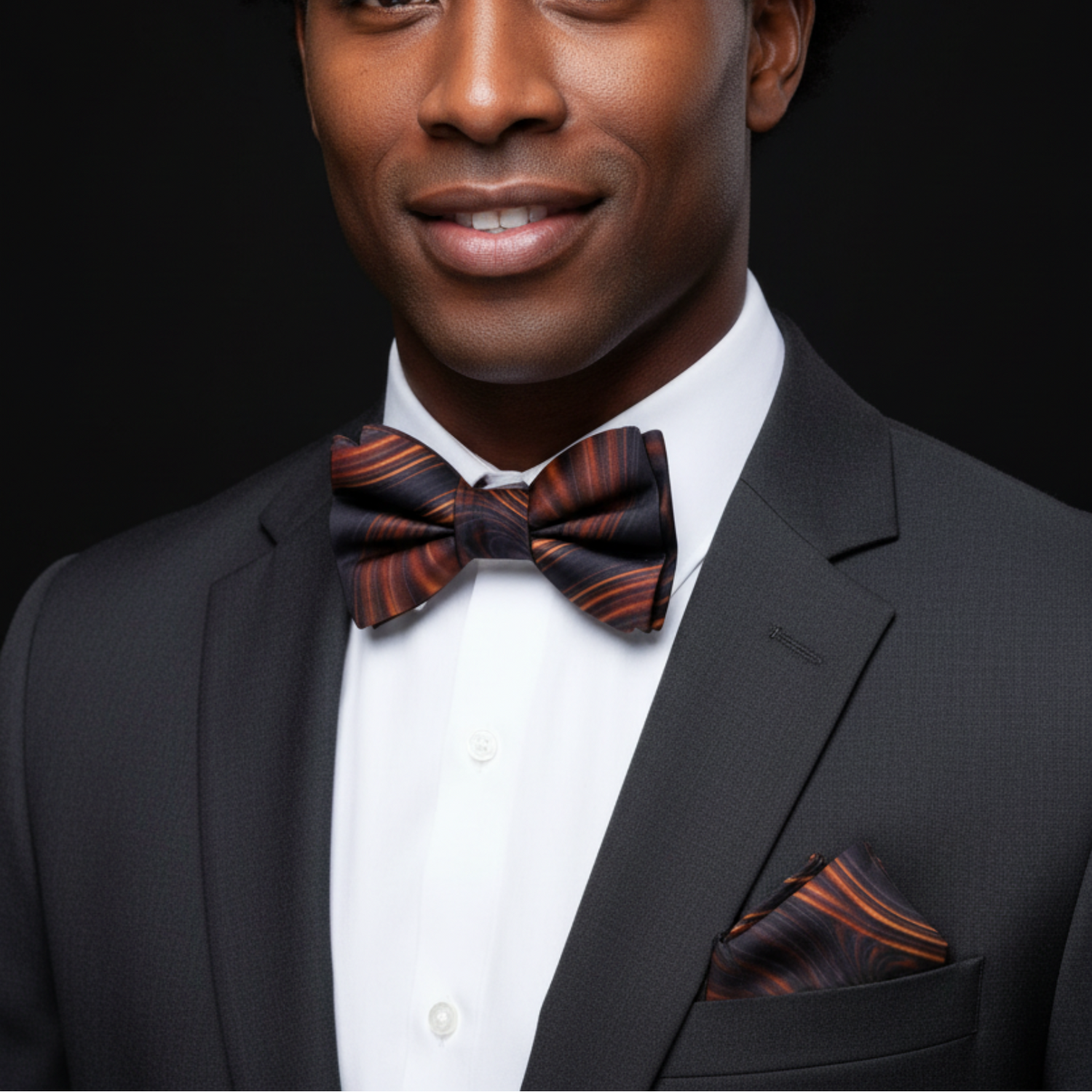 man wearing brown caramel bow tie and square