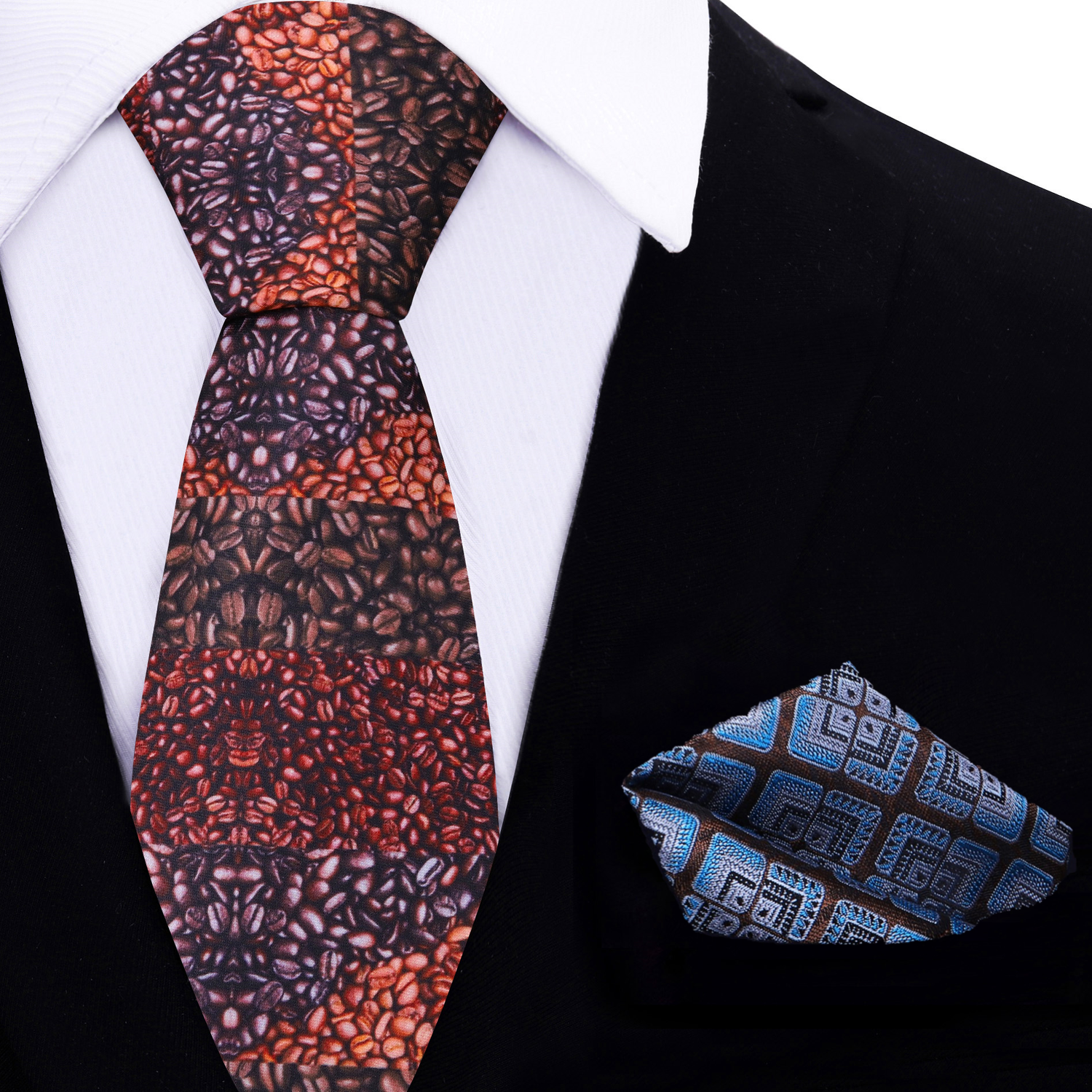 thin A blend of roasted coffee beans pattern silk tie, accenting pocket square