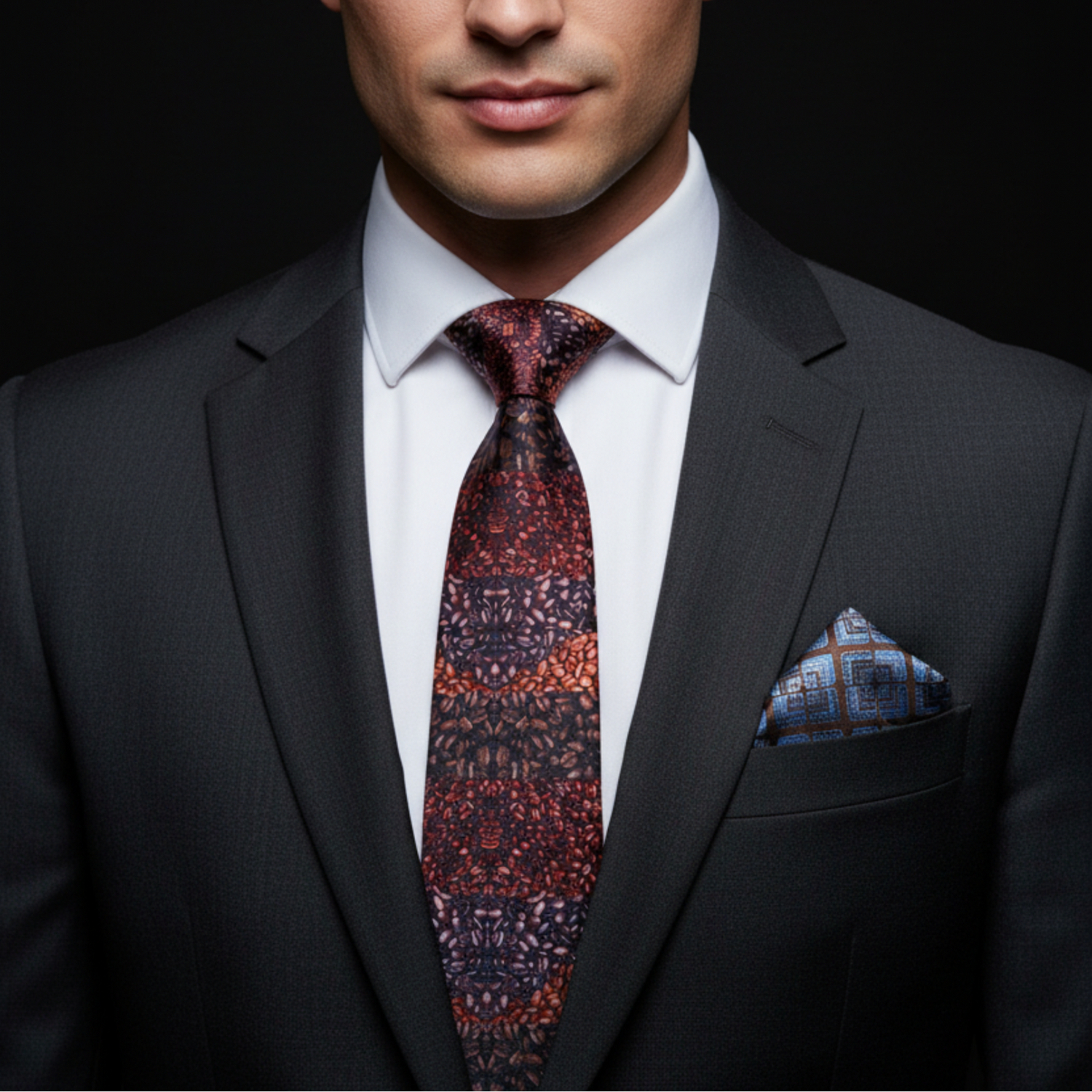 Man wearing coffee beans necktie and handkerchief on suit
