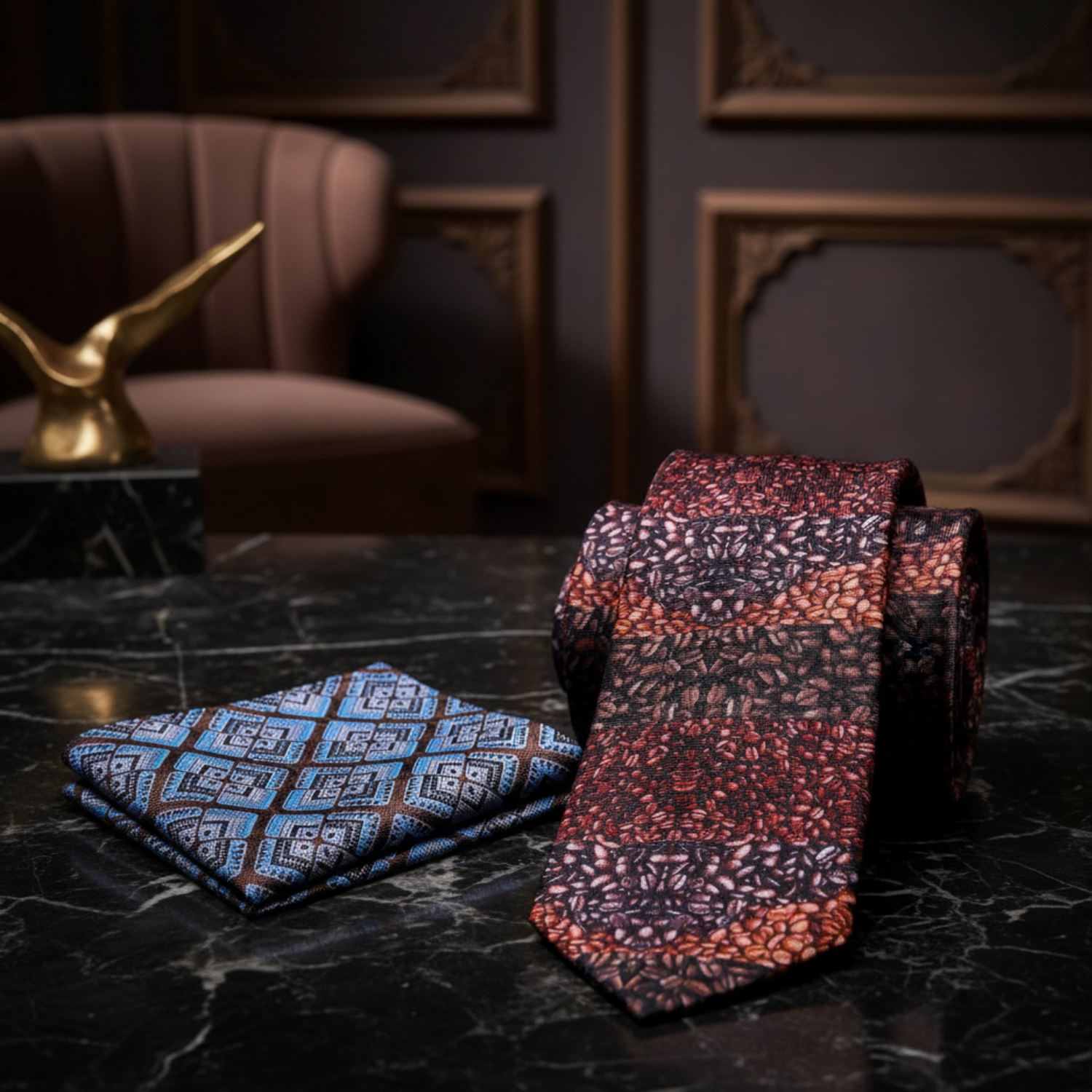 A blend of roasted coffee beans pattern silk tie, accenting pocket square