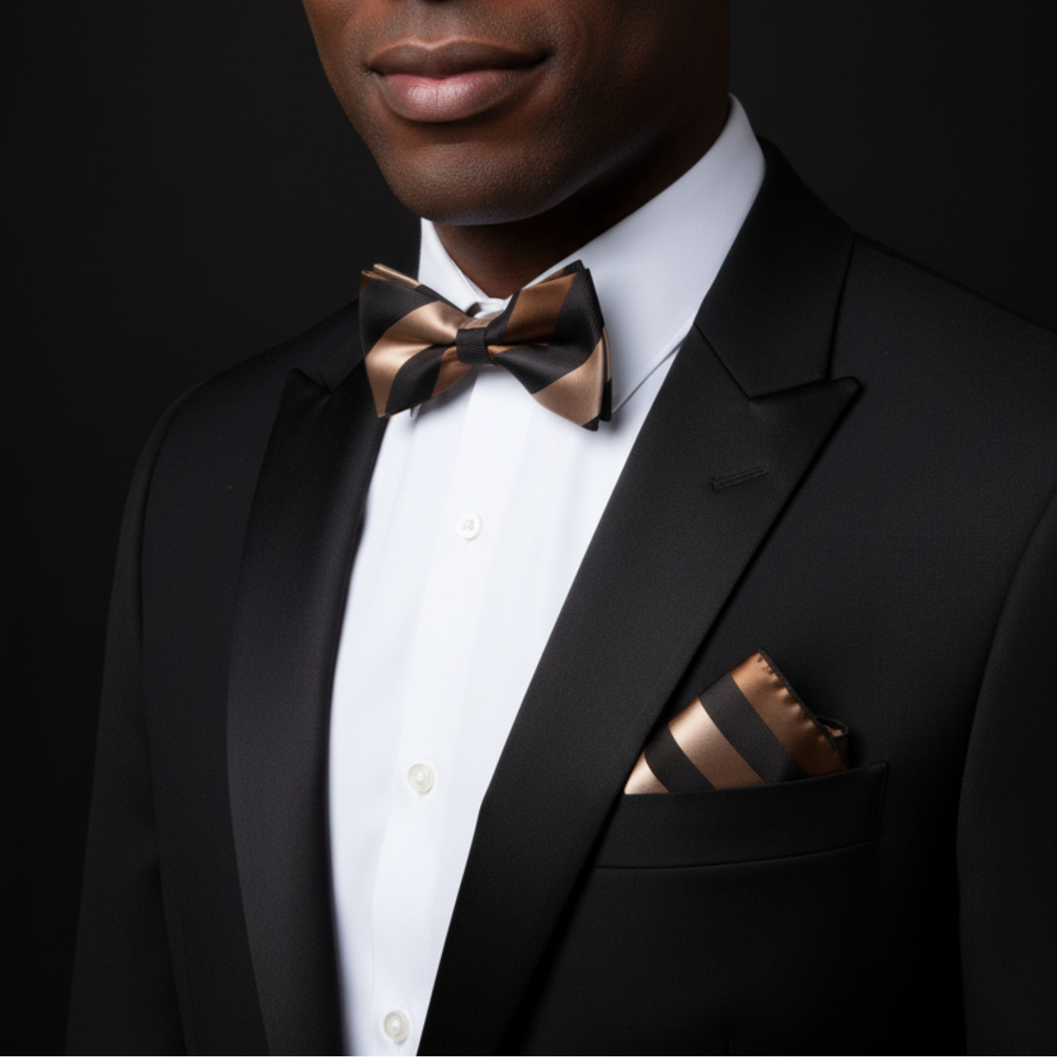Man wearing brown and gold stripe bow tie and square on man