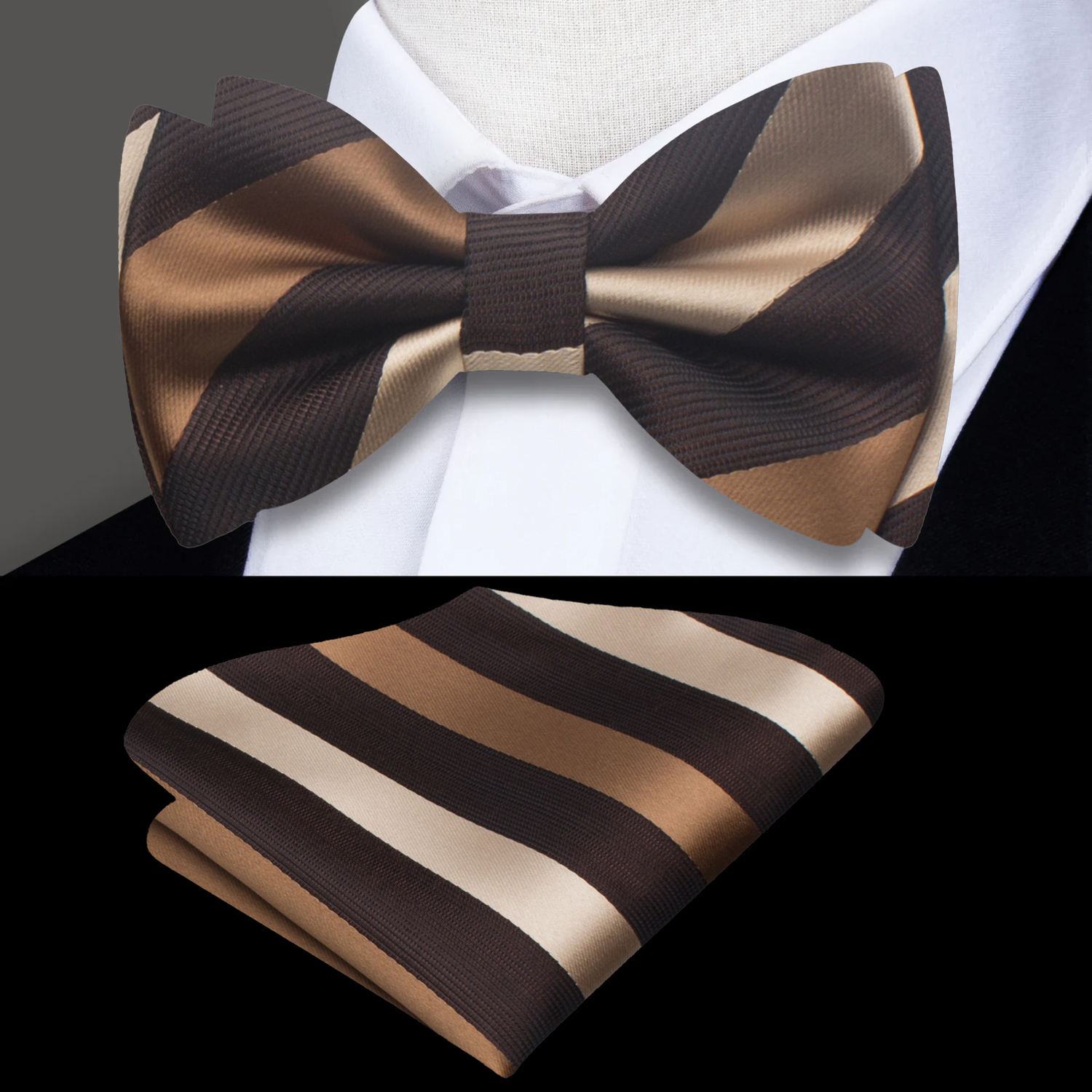 A Brown, Golden Brown Color Stripe Pattern kids Pre-Tied Bow Tie, Matching Pocket Square
