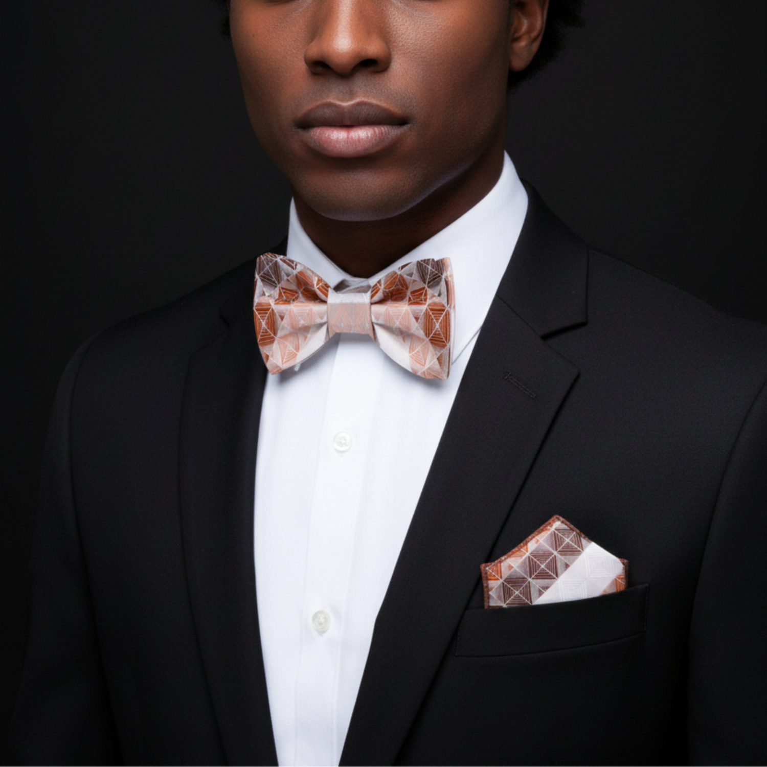 Brown blocks bow tie and square on man
