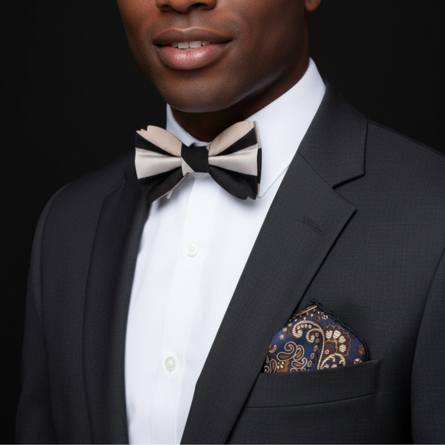 Man wearing a black suit with a white shirt, black and beige bow tie, and patterned pocket square on a black background.