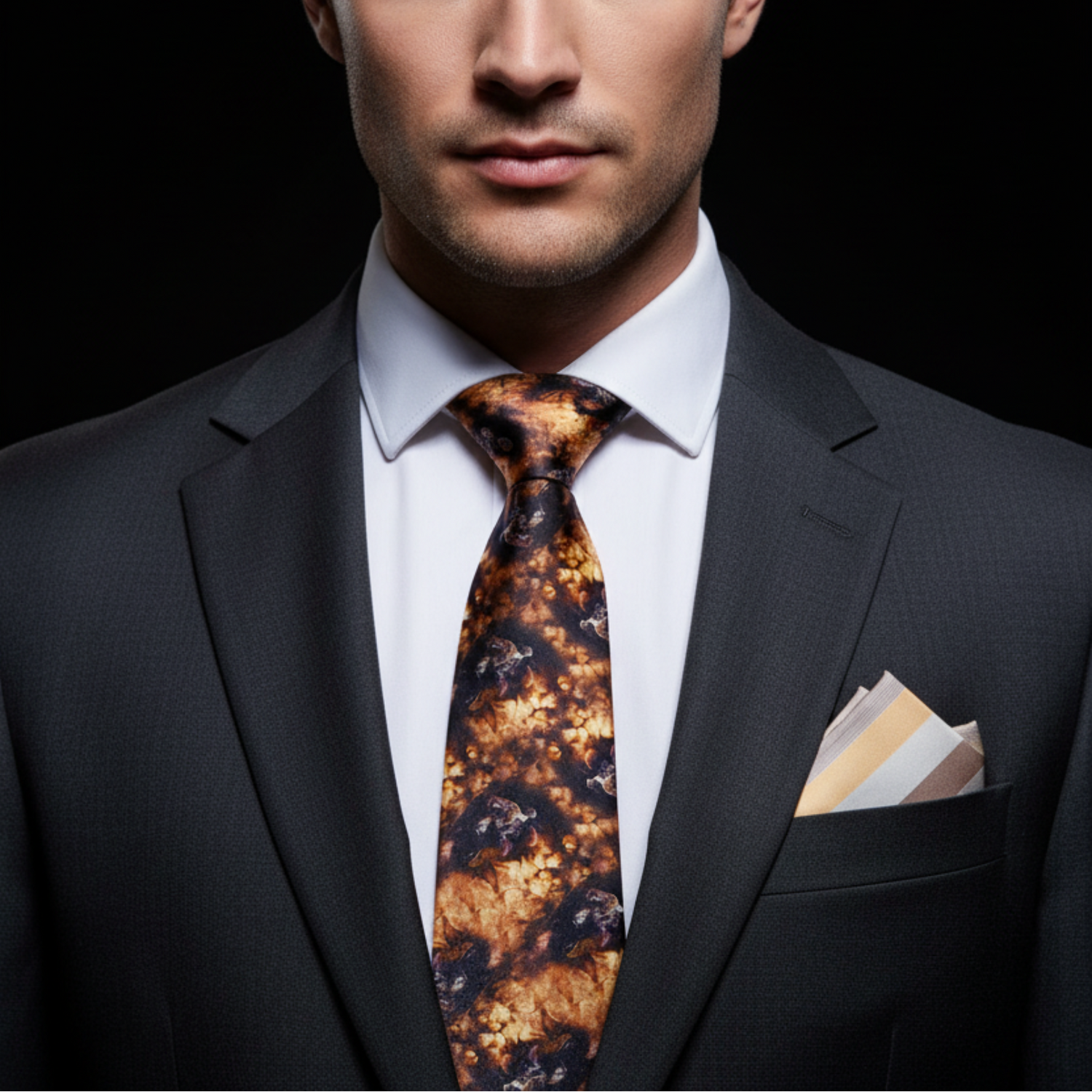 Man wearing a dark suit with a patterned tie and pocket square against a black background