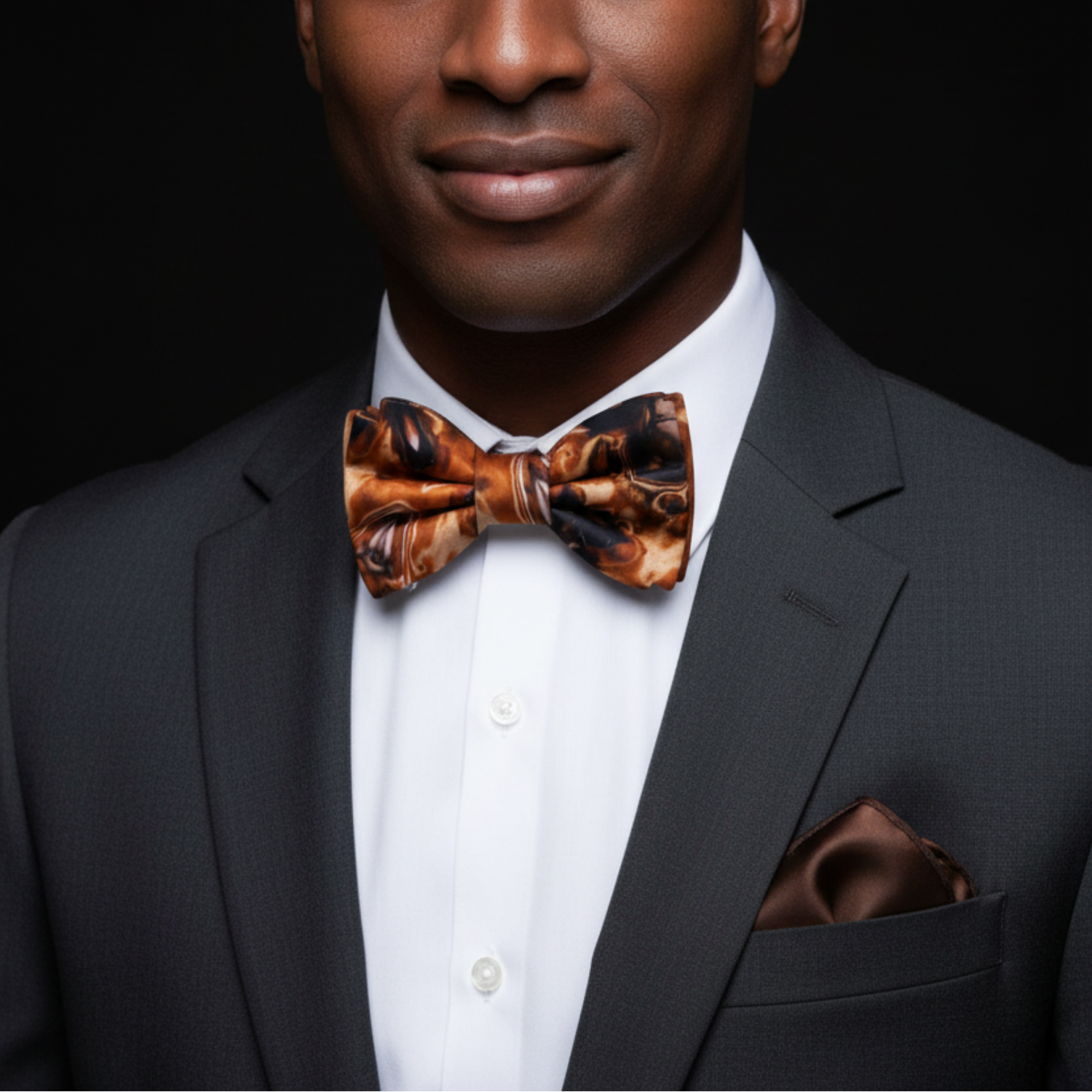 Man wearing a black suit with a patterned bow tie and pocket square on a black background