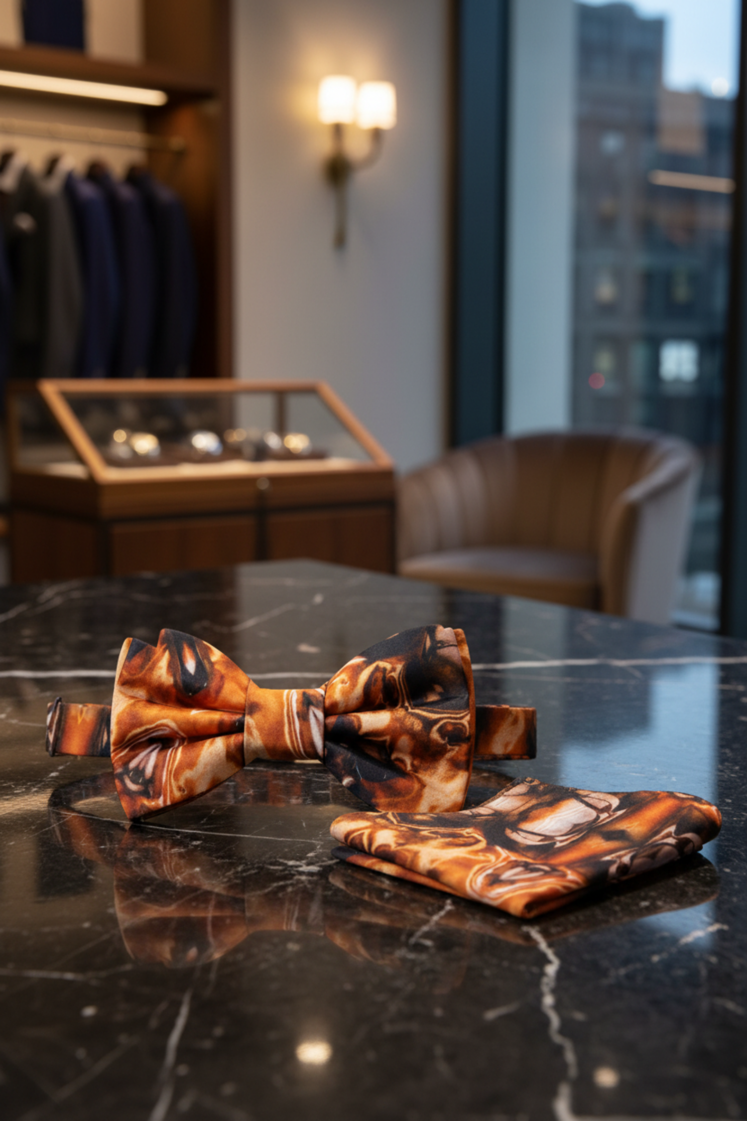  A Mocha Frappe Pattern Bow Tie and Pocket Square