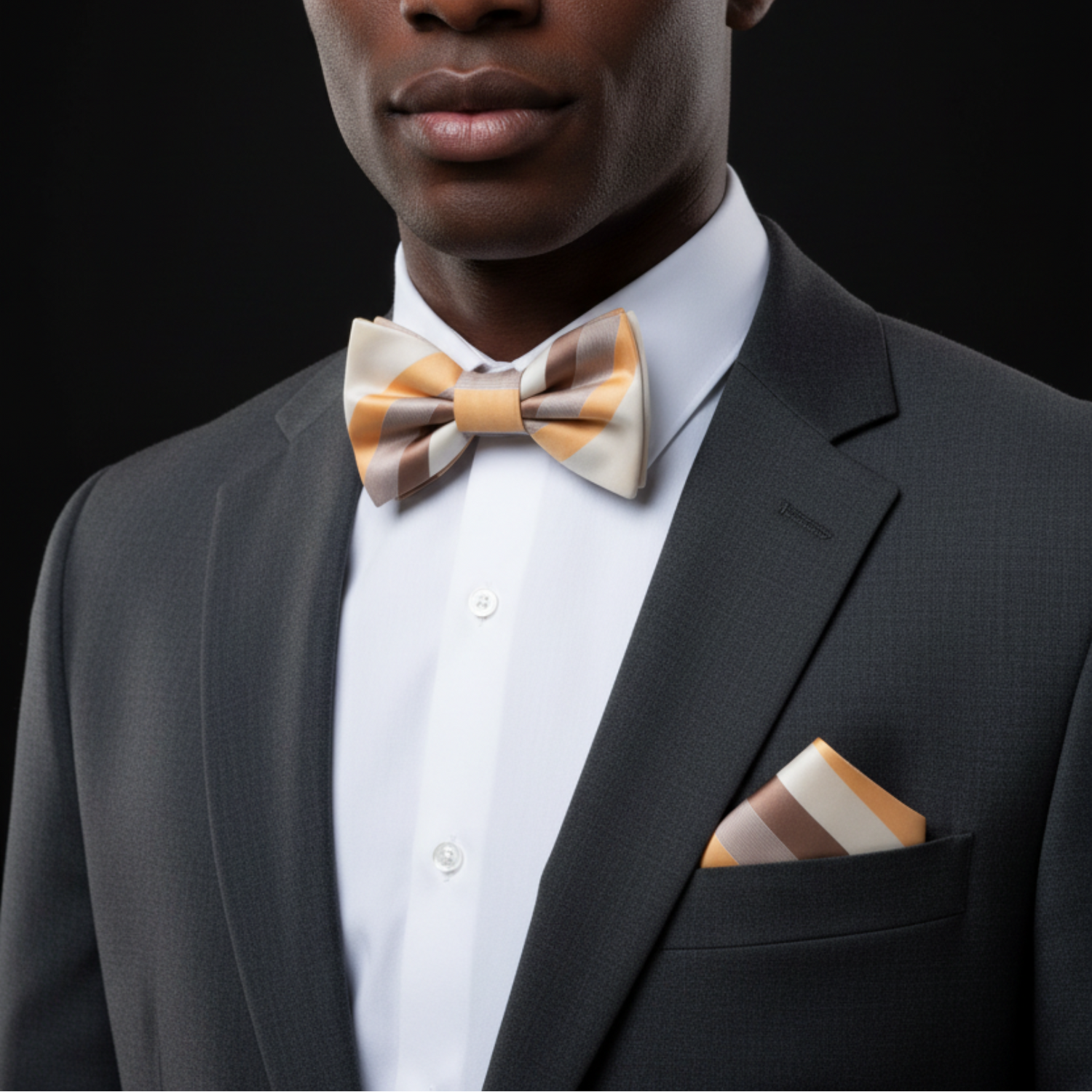 Man wearing a gray suit with a patterned bow tie and pocket square on a black background