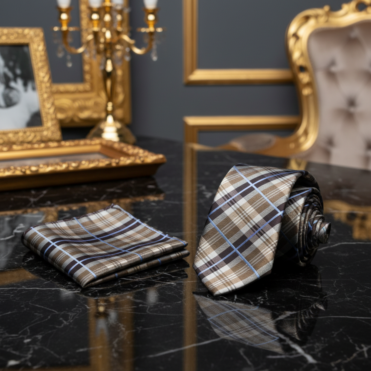 View 2: A Light Brown, Black, Light Blue Plaid Pattern Necktie, Matching Pocket Square
