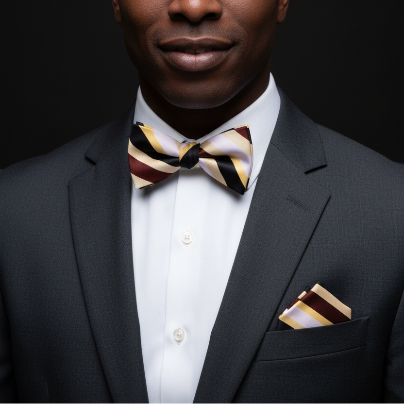 Man wearing a black suit with a colorful bow tie and matching pocket square against a dark background