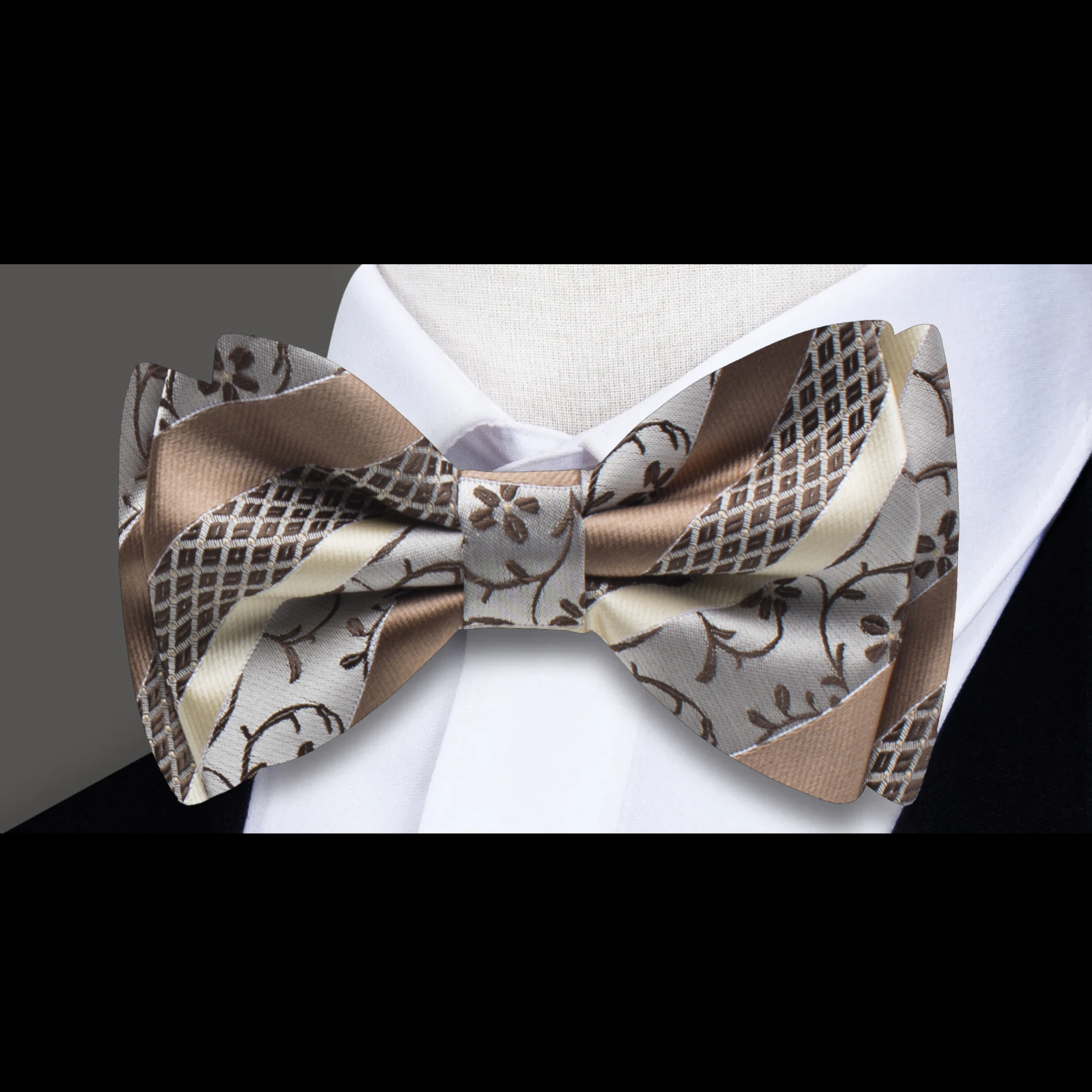 Brown Striped Bow Tie with Vines Pattern | Earthy Tones, Refined Detail