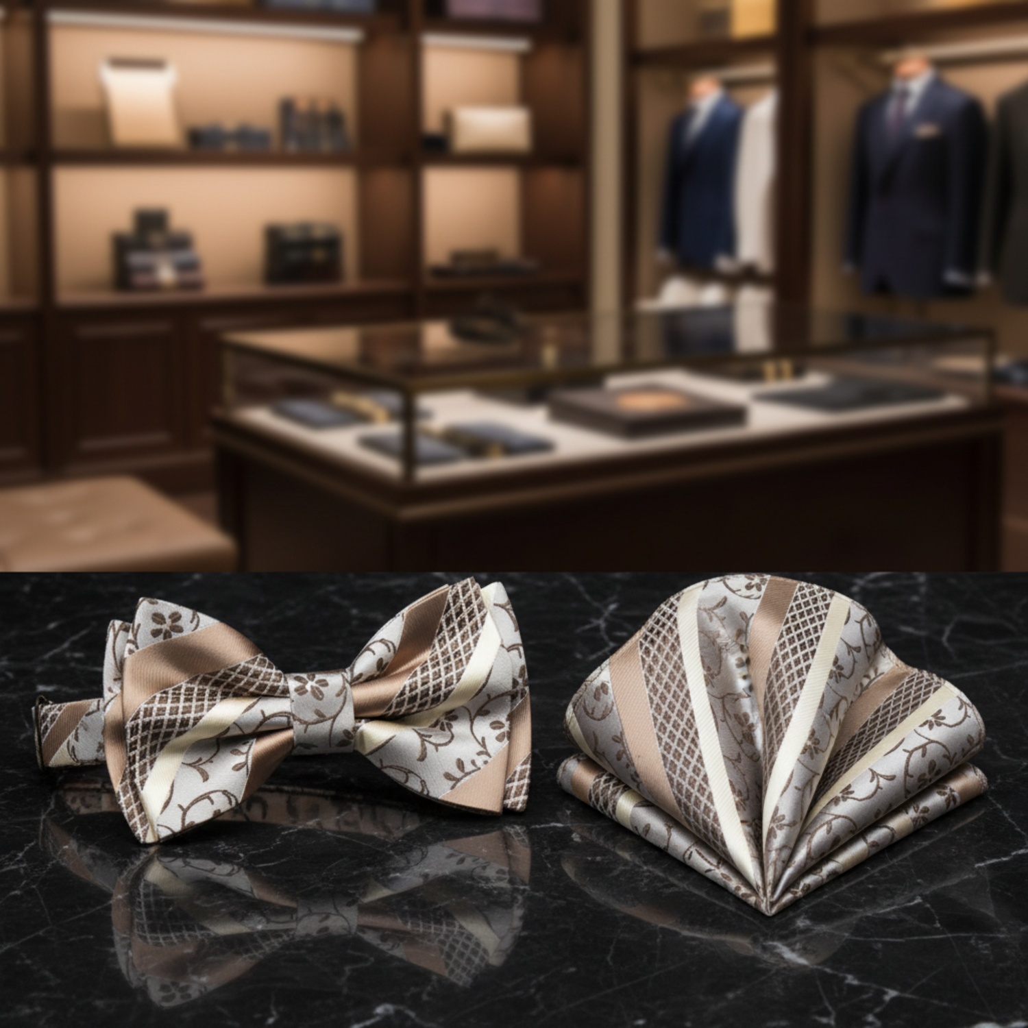 A Gold, Brown Vine Pattern Self Tie Bow Tie and Pocket Square