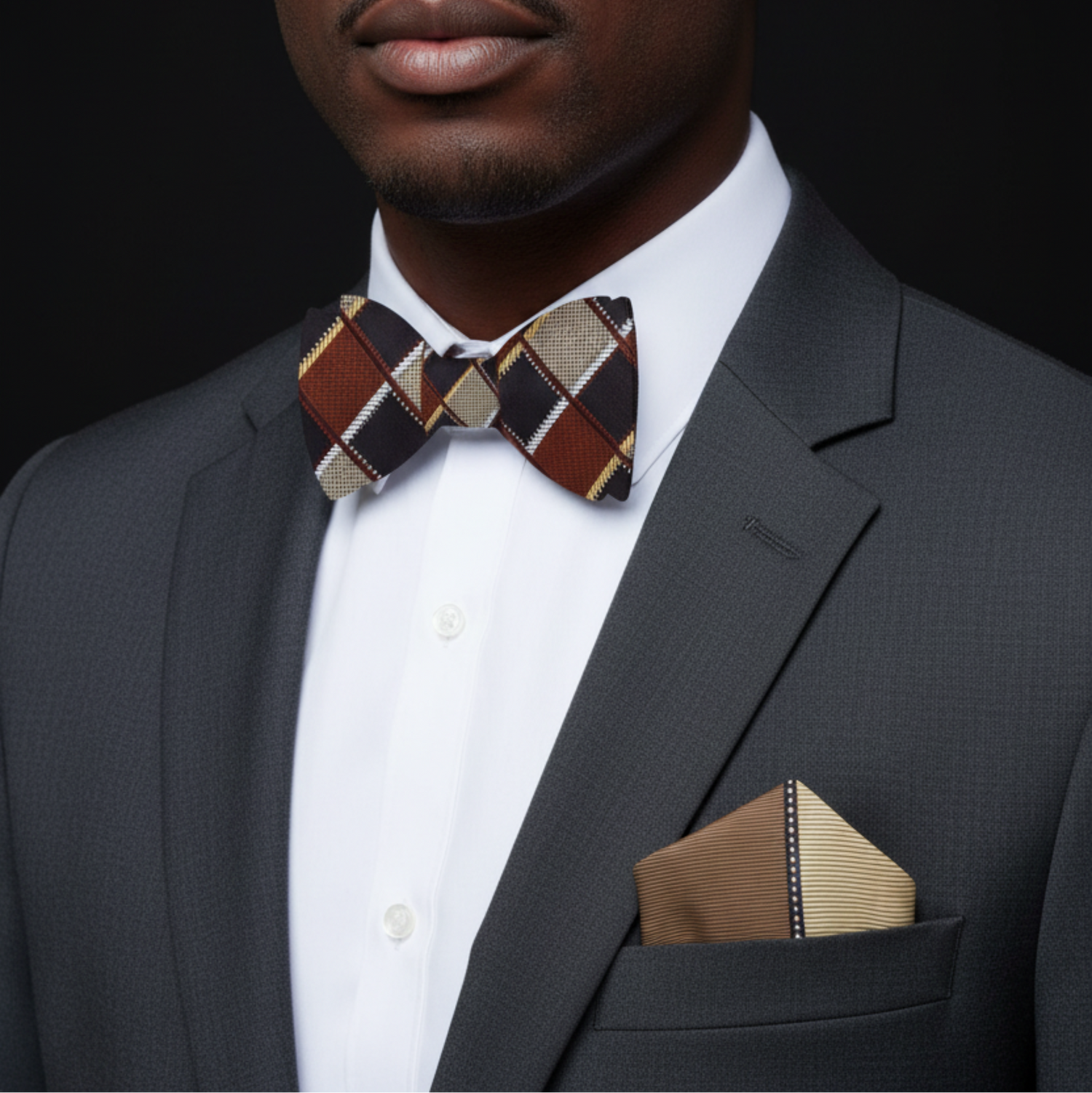 Man wearing a gray suit with a plaid bow tie and matching pocket square on a black background