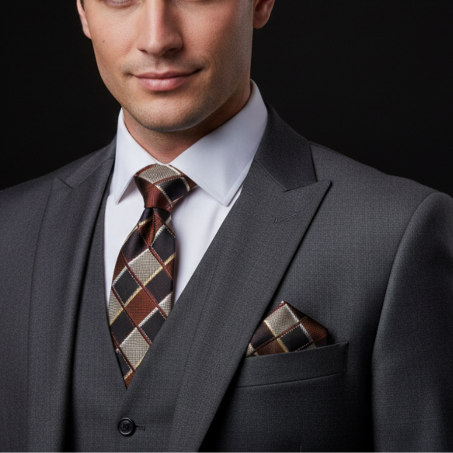 Man wearing a gray suit with a patterned tie and pocket square against a black background