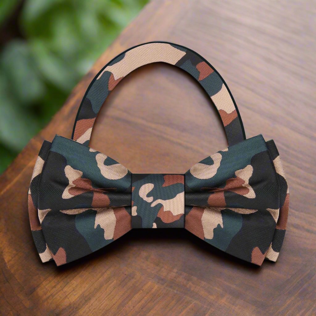 A Brown, Green, Black Color Fleck Camouflage Pattern Bow Tie Pre Tied