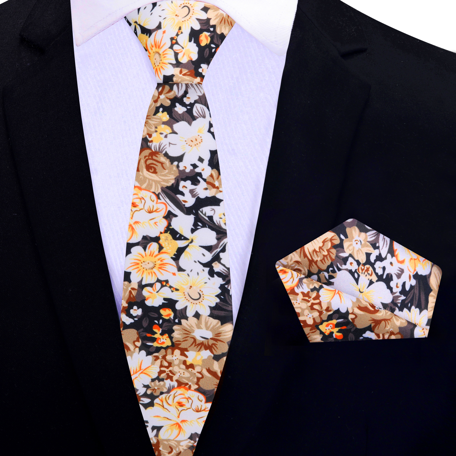 Thin Premium Black, White, Brown, Orange Flowers Necktie with Square