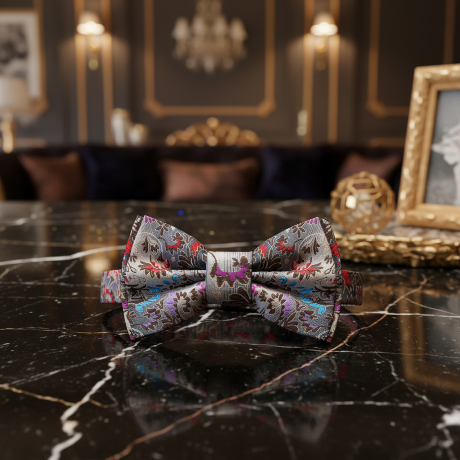The image shows a set of matching bow tie and pocket square with a floral pattern on a brown background. The bow tie is displayed on a mannequin, and the pocket square is shown flat.