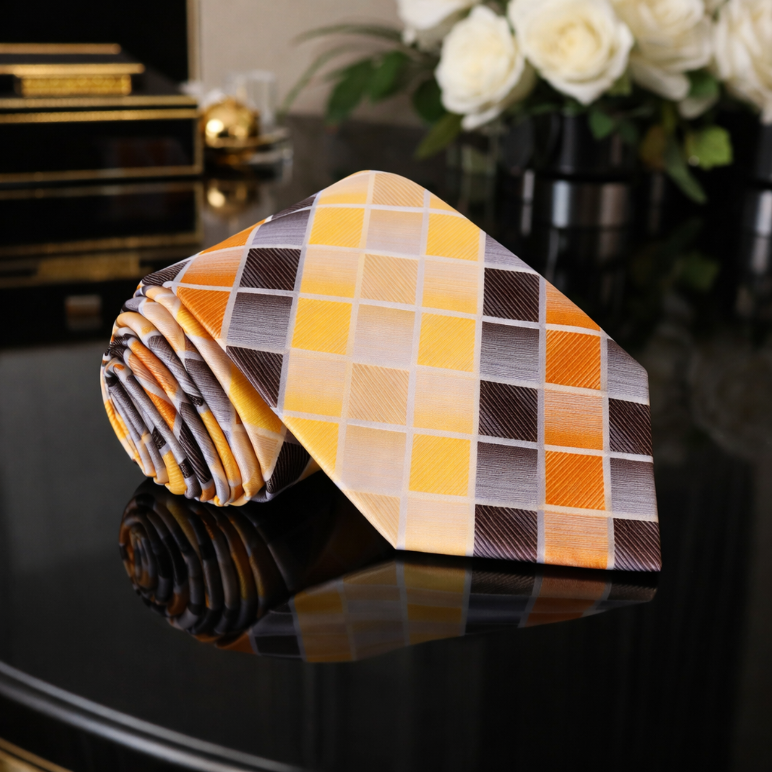Plaid tie on a reflective surface with a blurred background