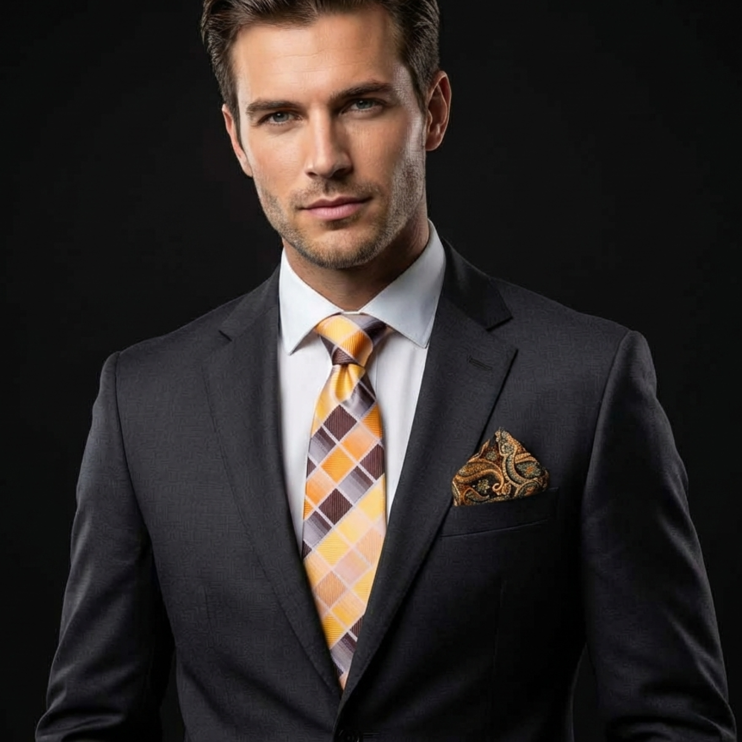 Man wearing a dark suit with a patterned tie and pocket square on a black background