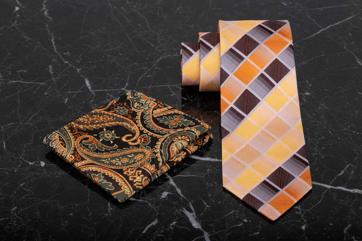 Shades of Yellow Gold Brown Squares Tie and Accenting Brown paisley square