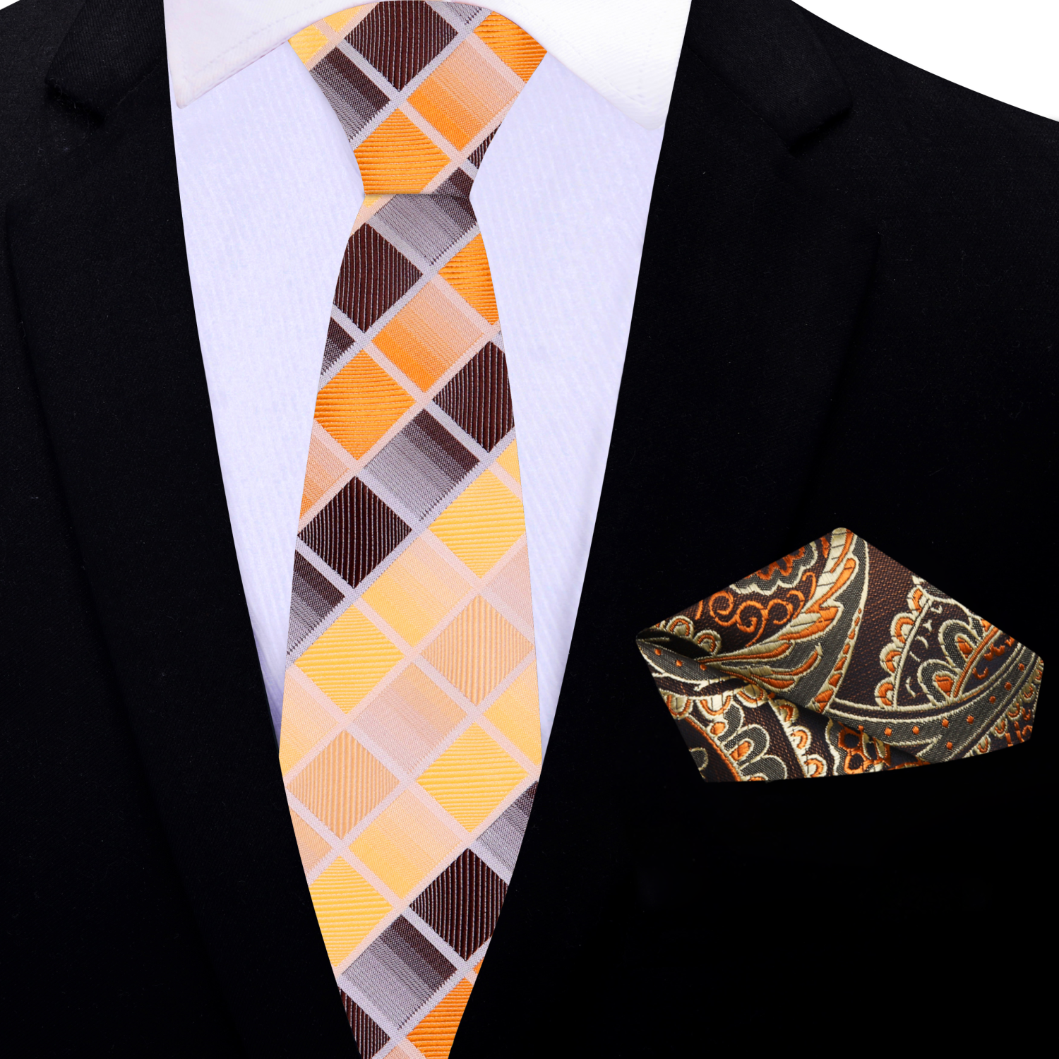 Thin Shades of Yellow and Brown Squares Necktie and Accenting Square