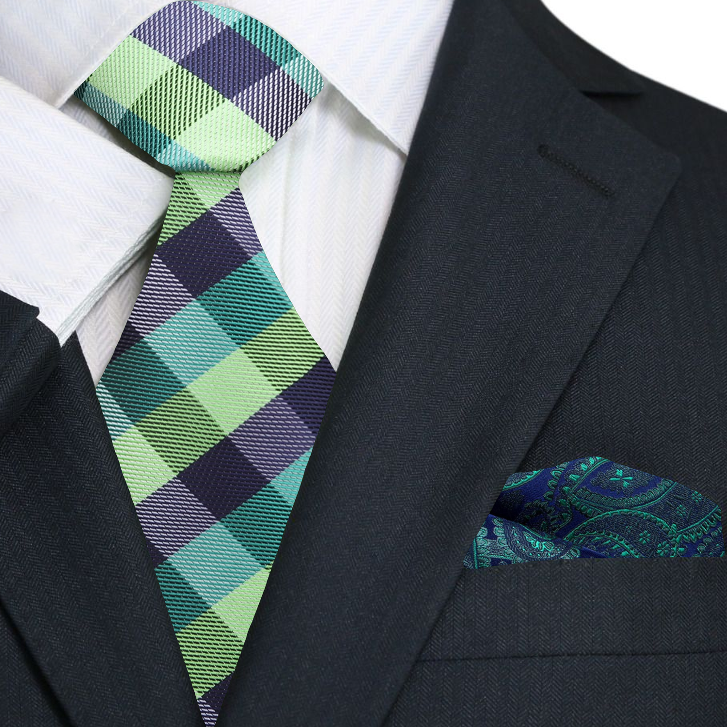 Shades of Green Plaid Necktie and Accenting Blue and Green Square 1q