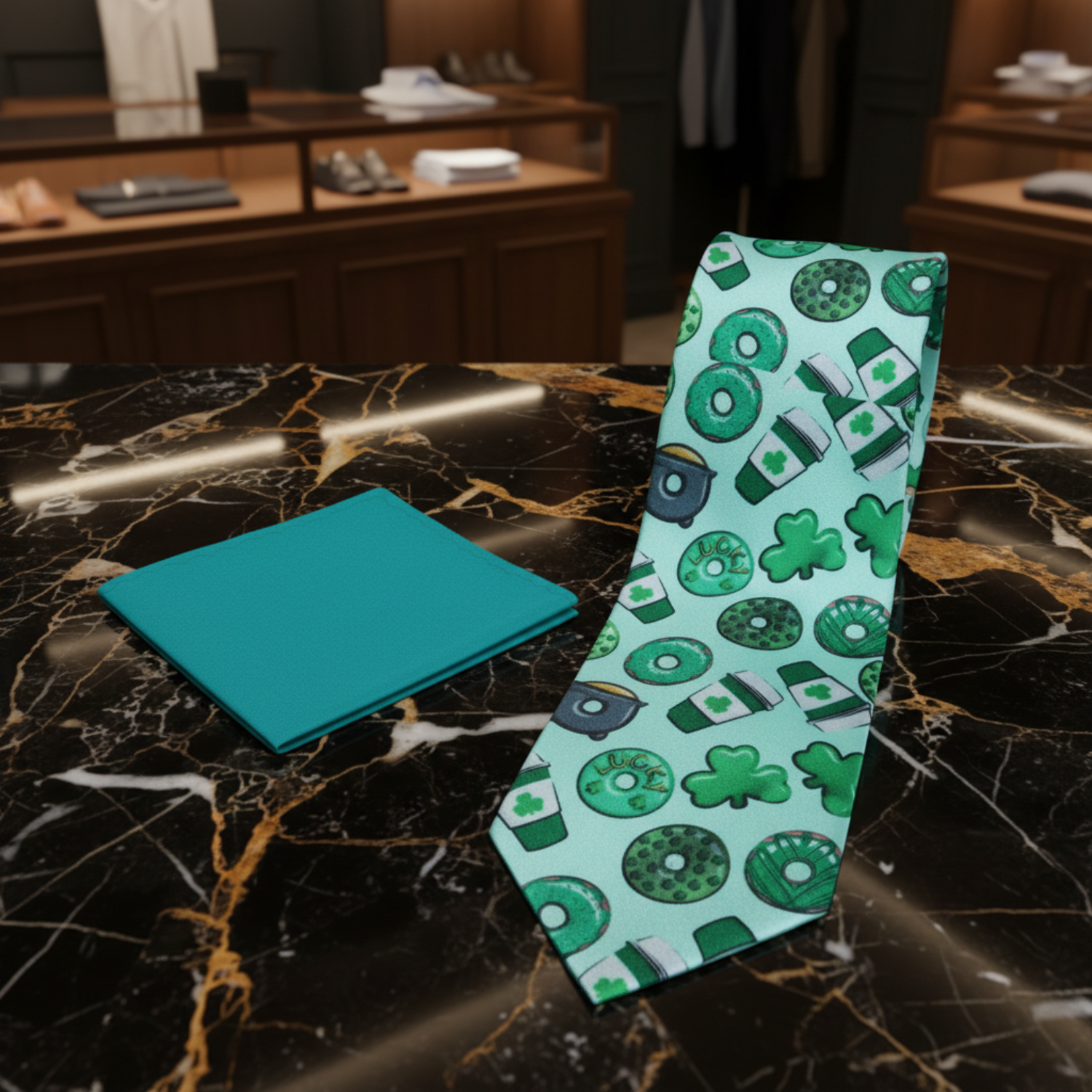 Alt Shades of Green Donuts, Coffee Necktie and Teal Green Square