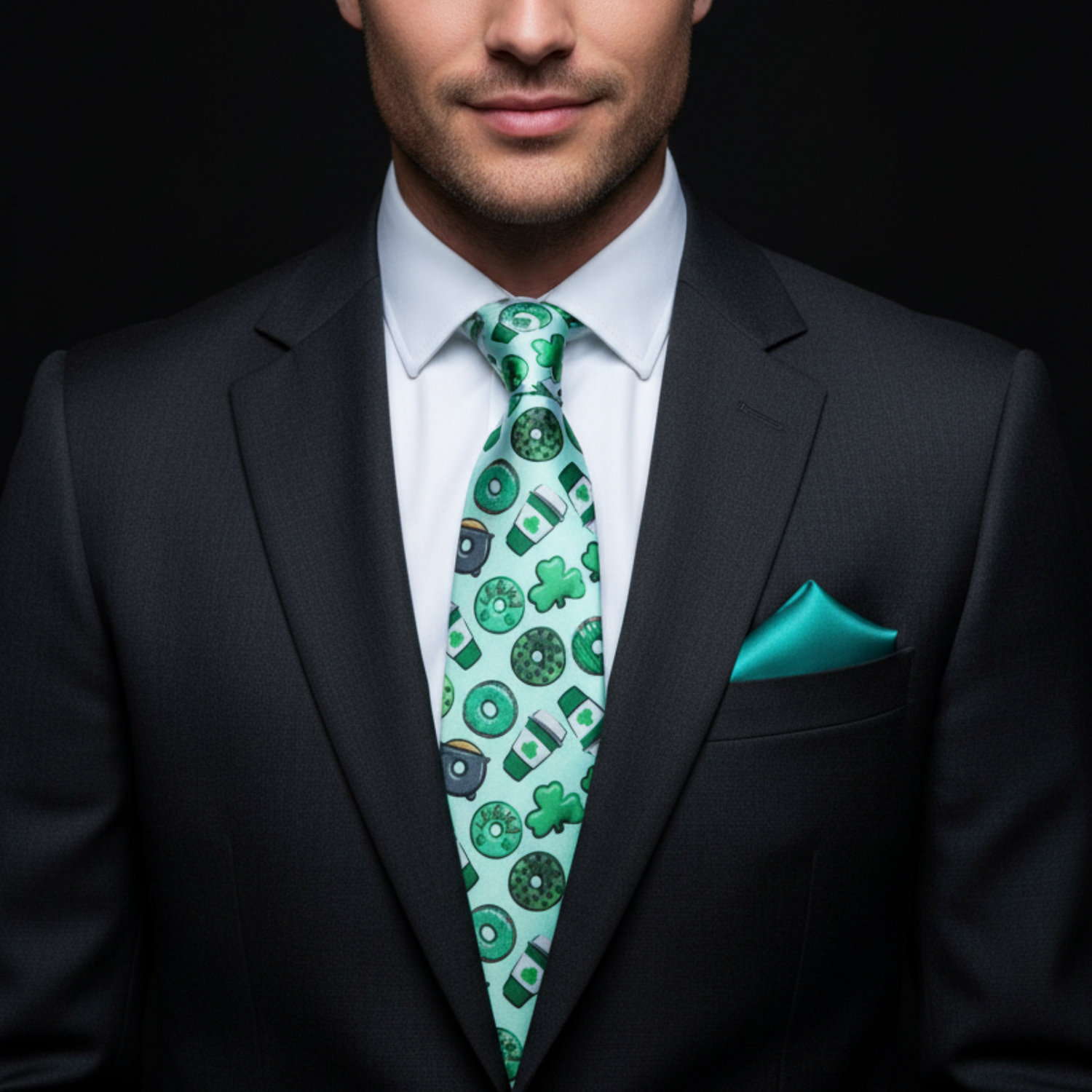 Man wearing a black suit with a green patterned tie and matching pocket square on a dark background