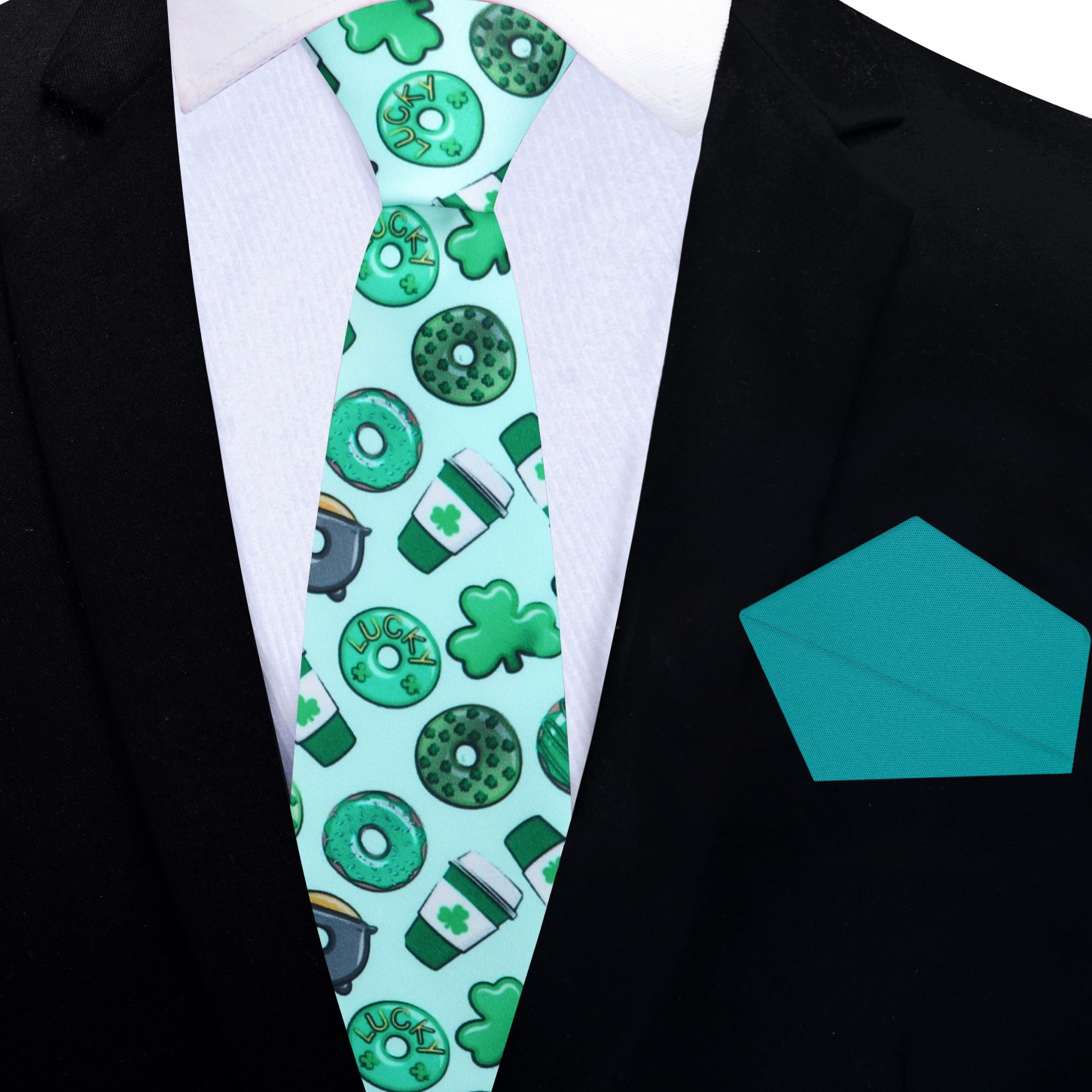 Thin Shades of Green Donuts, Coffee Necktie and Teal Green Square