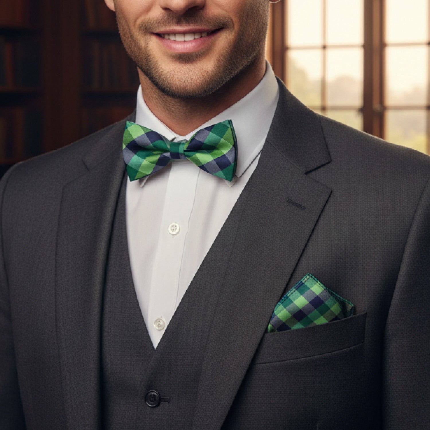 Man wearing a gray suit with a green and blue checkered bow tie and pocket square.